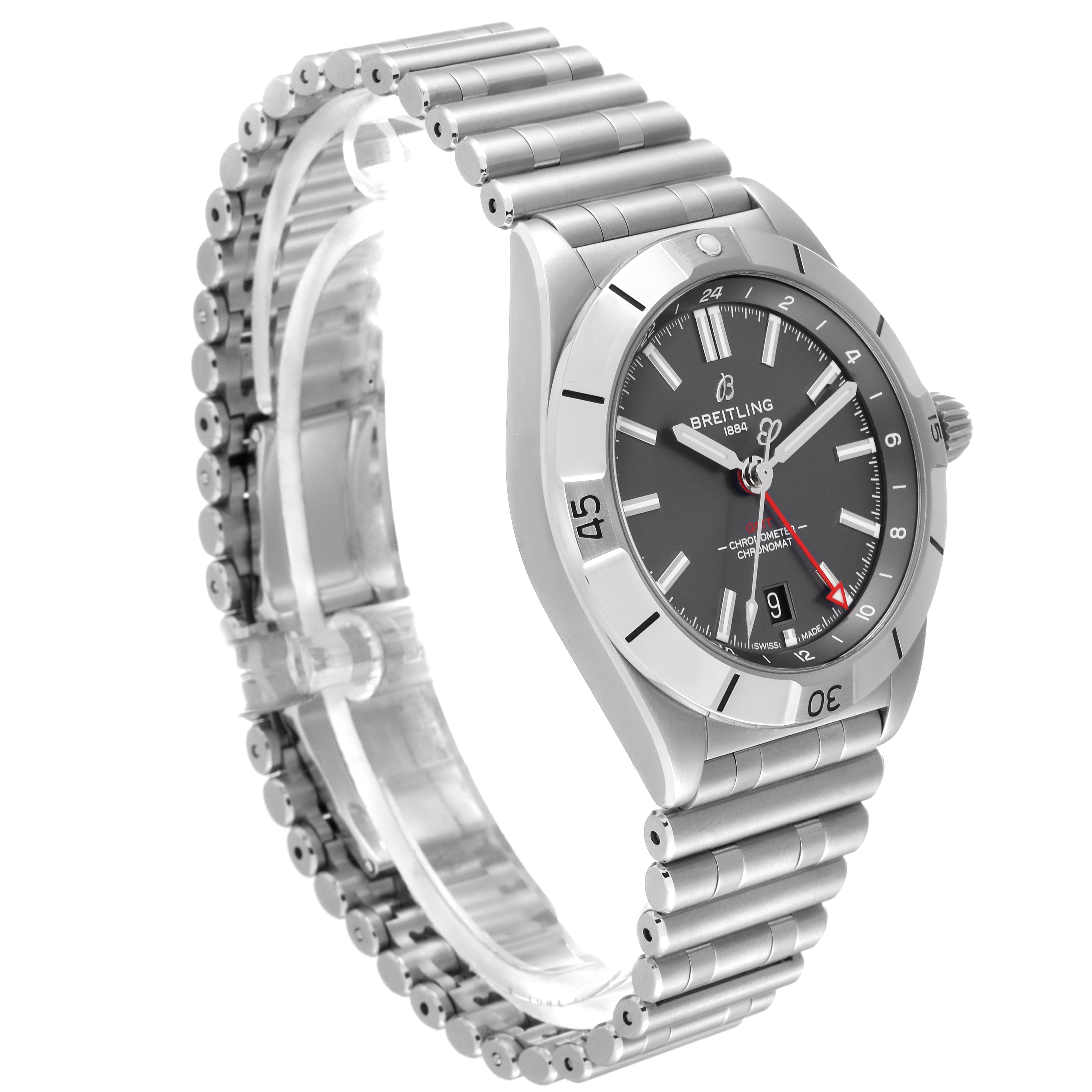 This image shows a Breitling Chronomat A32398 Men
s Stainless Steel Grey Dial A32398 Men
s Stainless Steel Grey Dial watch angled from the left-side, displaying the face, bezel, and part of the bracelet.