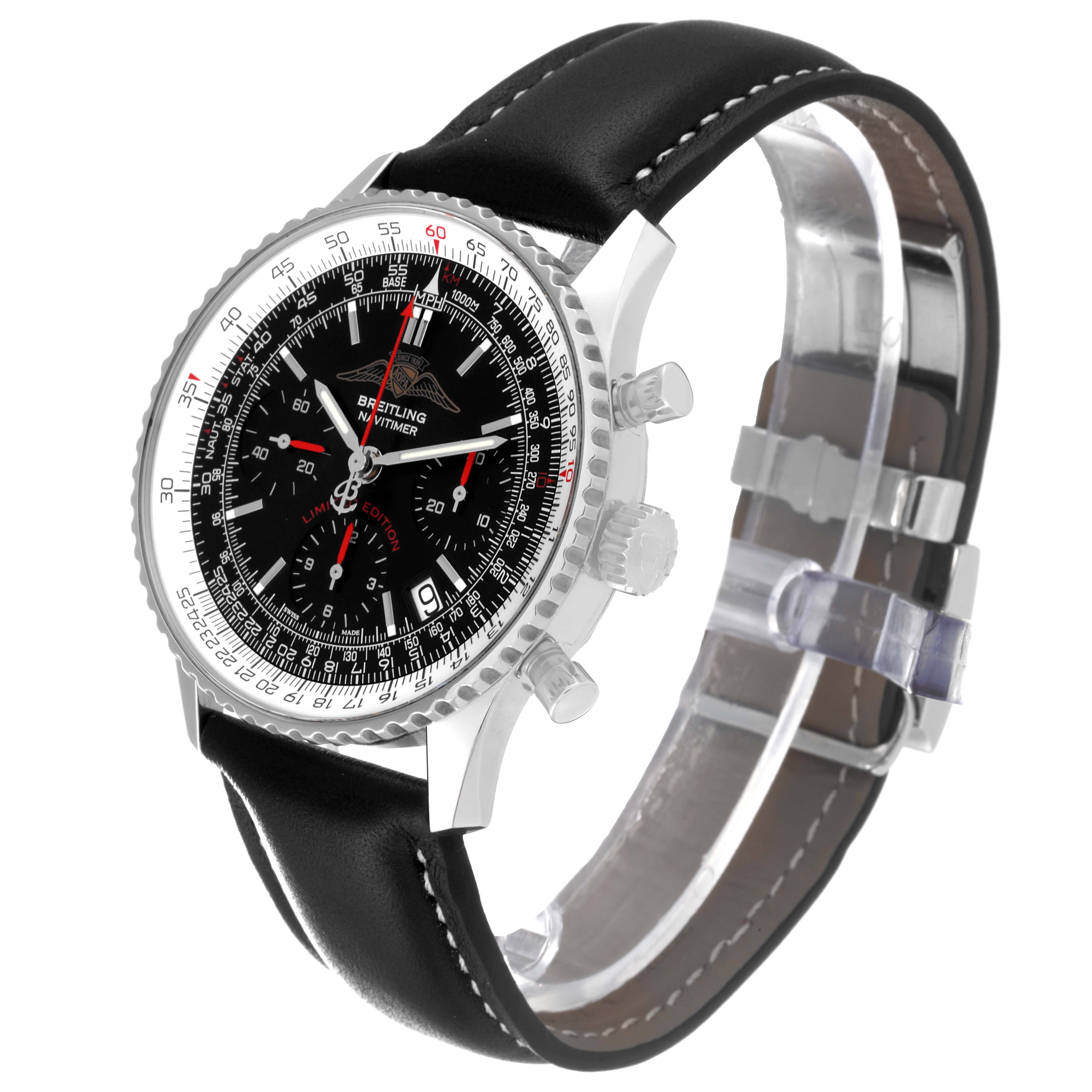 The Breitling Navitimer A23322 Men's Stainless Steel Black Dial A23322 Men's Stainless Steel Black Dial watch is shown from an angle highlighting its black dial, bezel, chronograph buttons, and black leather strap.