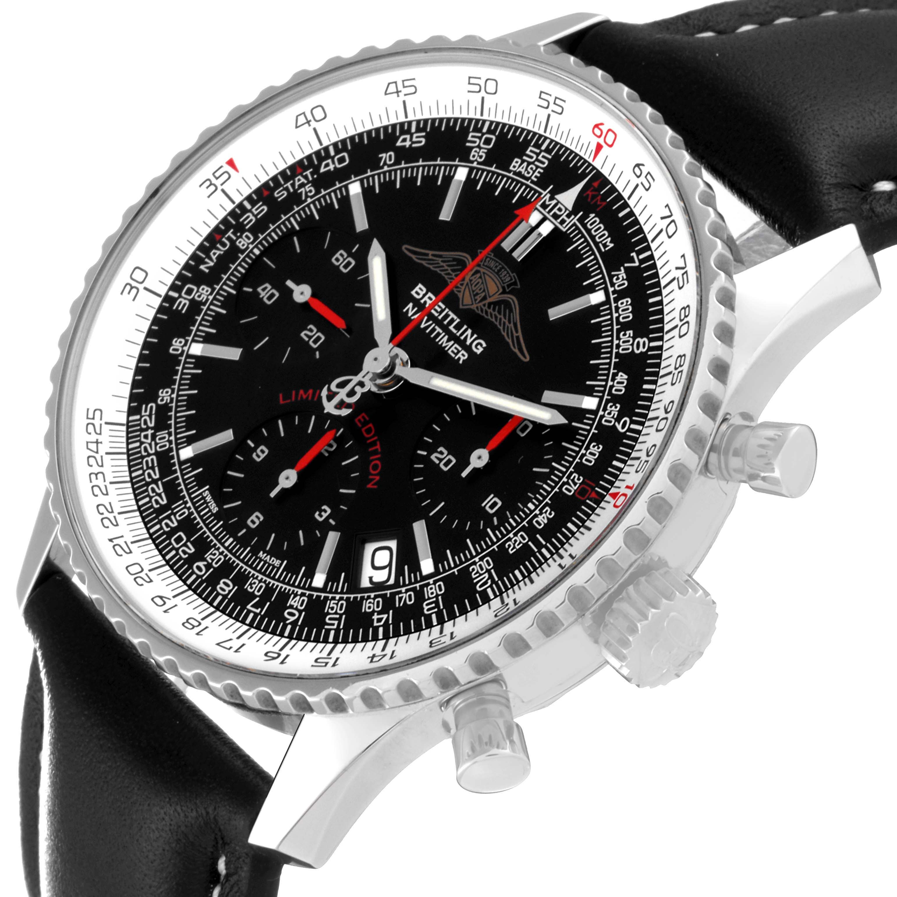 This image shows a close-up angle of a Breitling Navitimer A23322 Men's Stainless Steel Black Dial A23322 Men's Stainless Steel Black Dial watch face, bezel, pushers, and part of the leather strap.