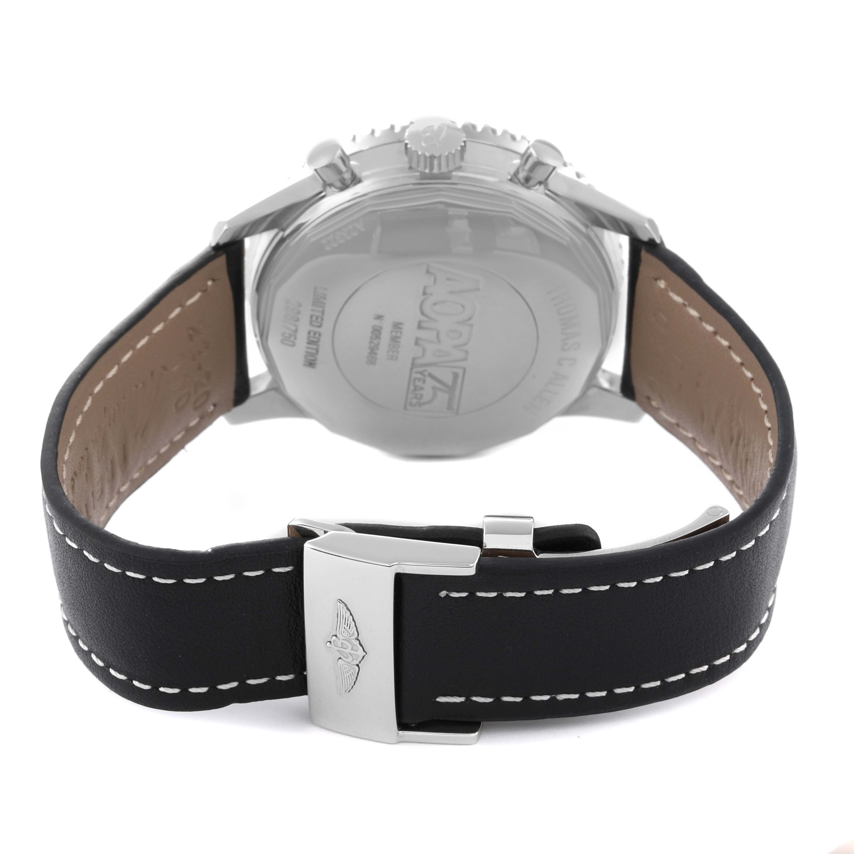 The image shows the back of a Breitling Navitimer A23322 Men's Stainless Steel Black Dial A23322 Men's Stainless Steel Black Dial watch, focused on the case back, crown, pushers, and leather strap with buckle.