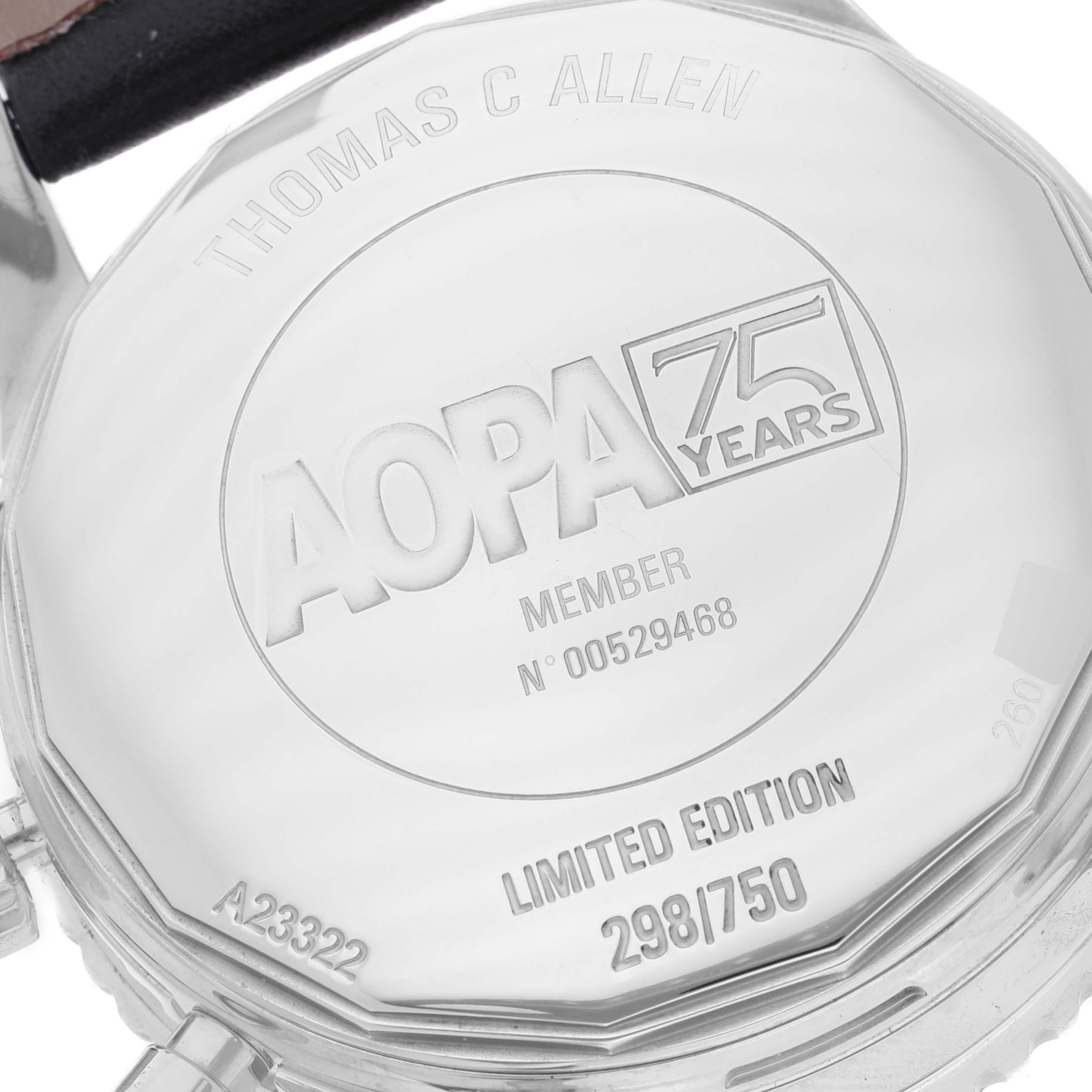 This image shows the back case of the Breitling Navitimer A23322 Men's Stainless Steel Black Dial A23322 Men's Stainless Steel Black Dial watch, displaying limited edition details and engravings.