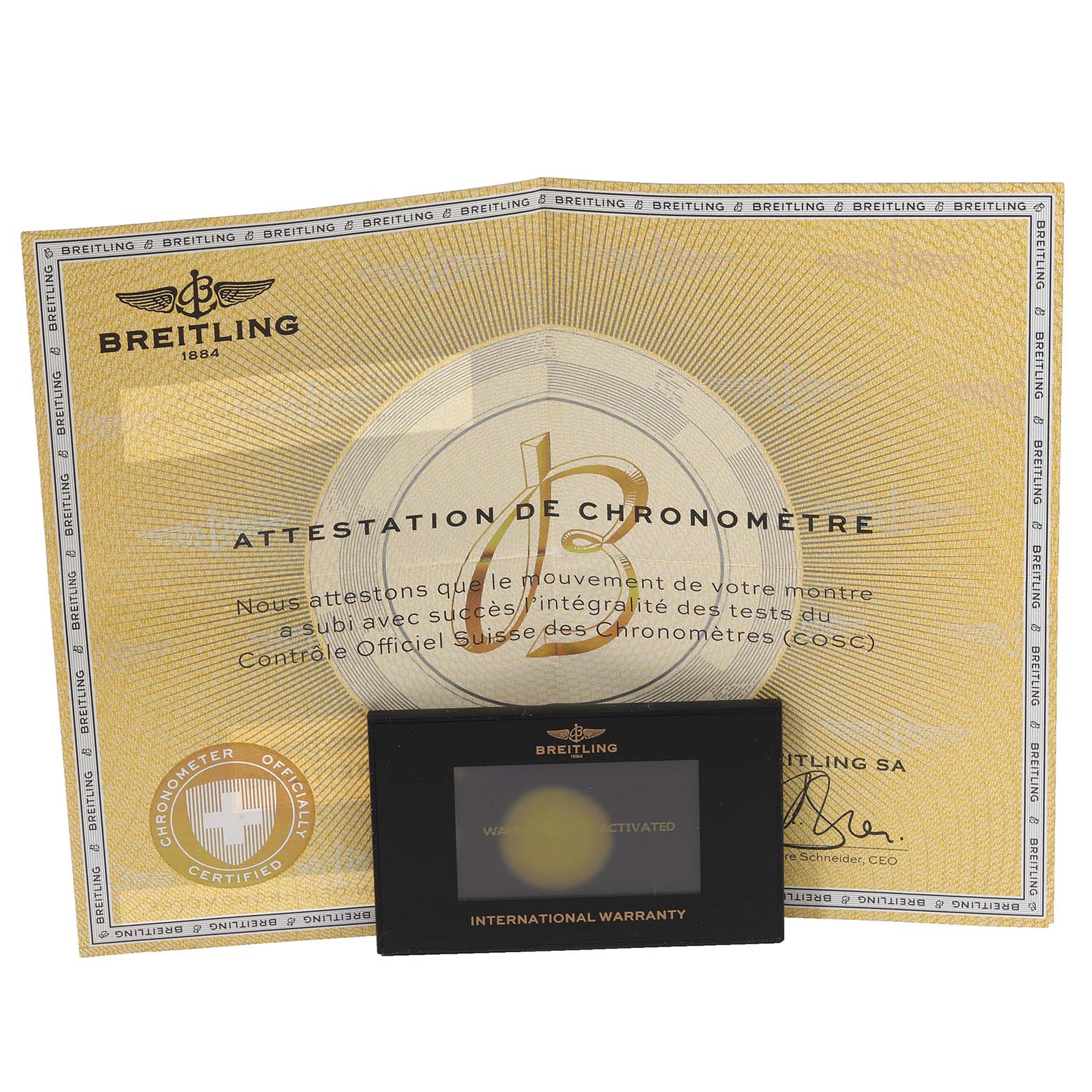 This image shows the warranty card and certificate for a Breitling Navitimer A23322 Men's Stainless Steel Black Dial A23322 Men's Stainless Steel Black Dial watch.