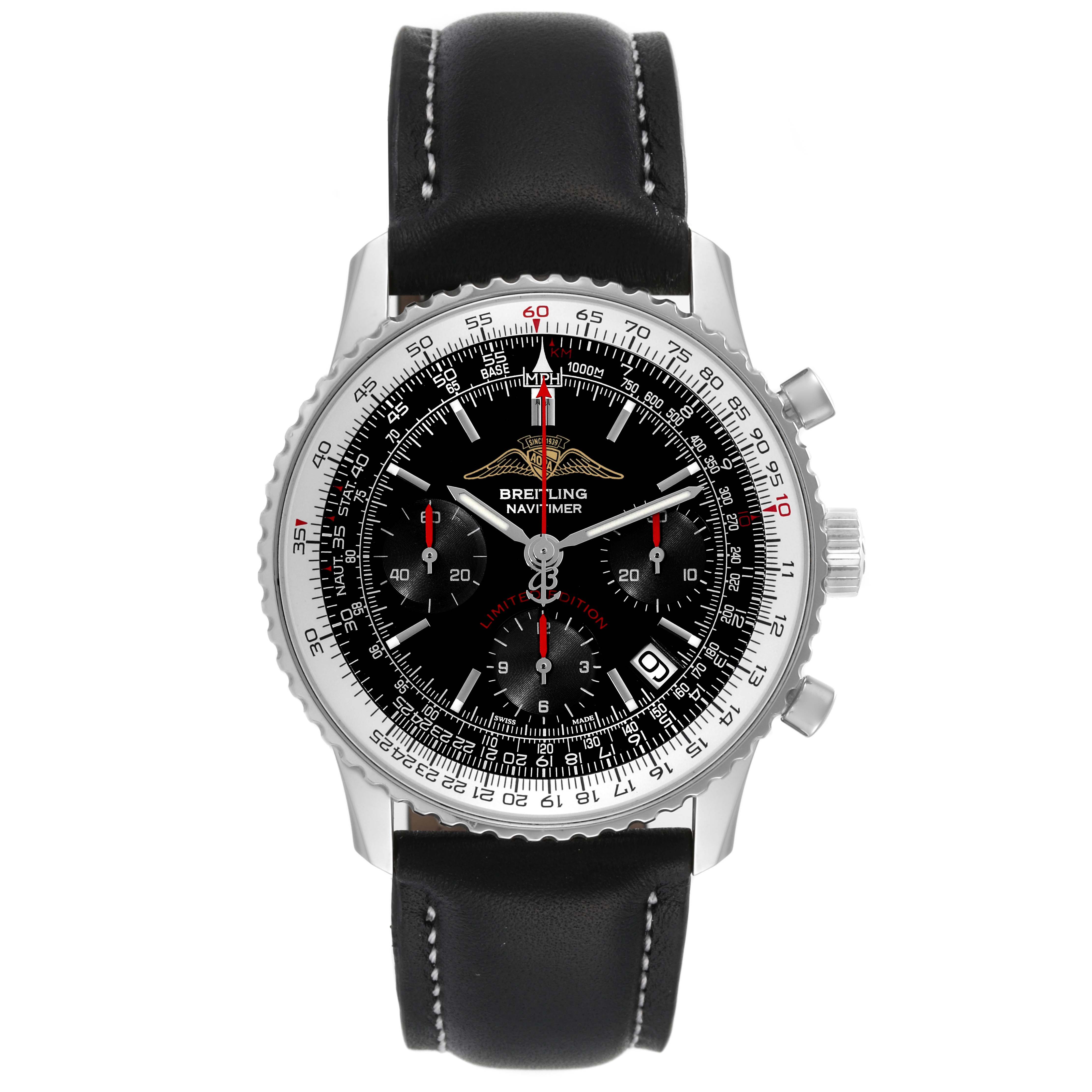 The image shows a Breitling Navitimer A23322 Men's Stainless Steel Black Dial A23322 Men's Stainless Steel Black Dial watch from a top-down angle, showcasing its face, bezel, crown, and black leather strap.
