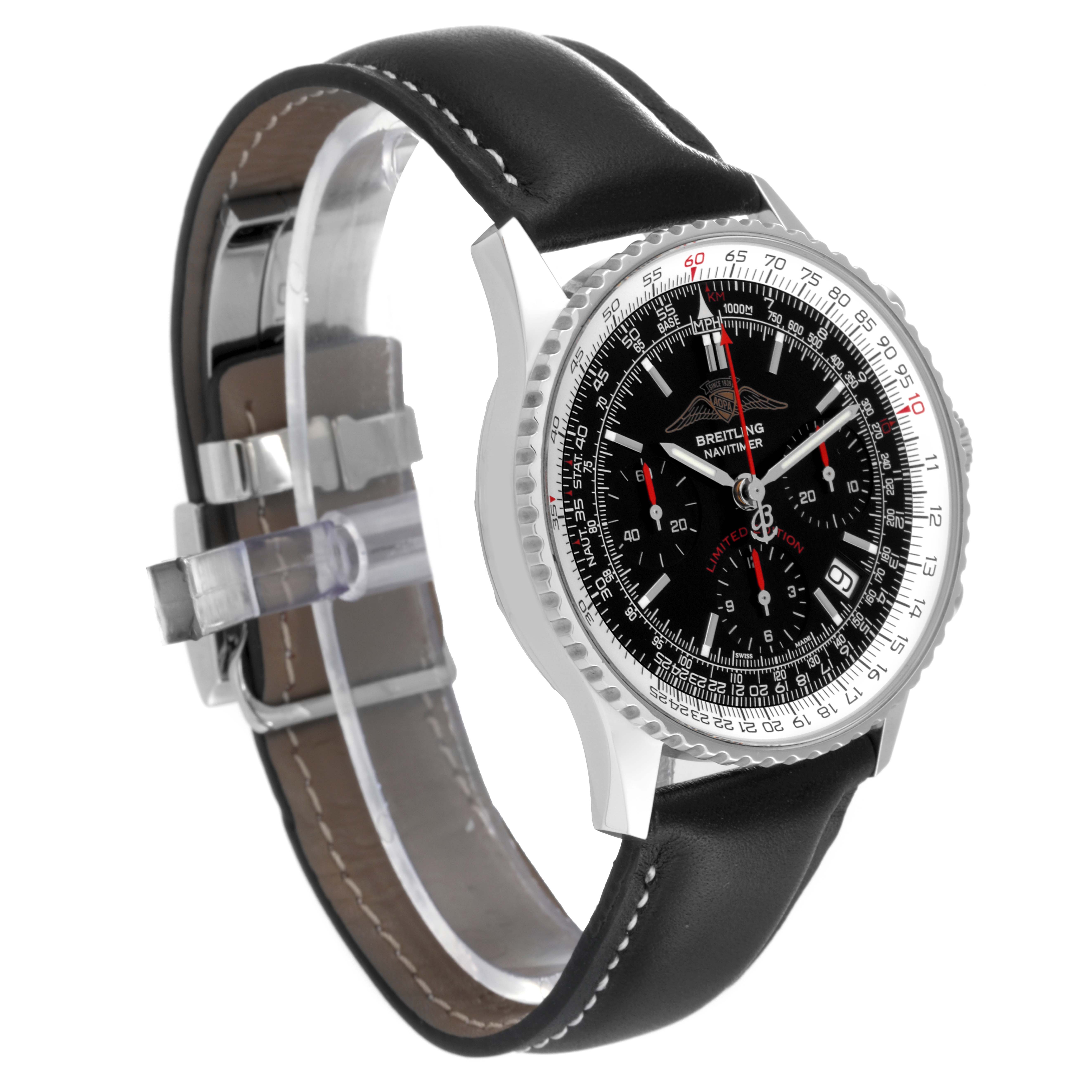 The image shows a Breitling Navitimer A23322 Men's Stainless Steel Black Dial A23322 Men's Stainless Steel Black Dial watch at an angle displaying its face, case, and leather strap.