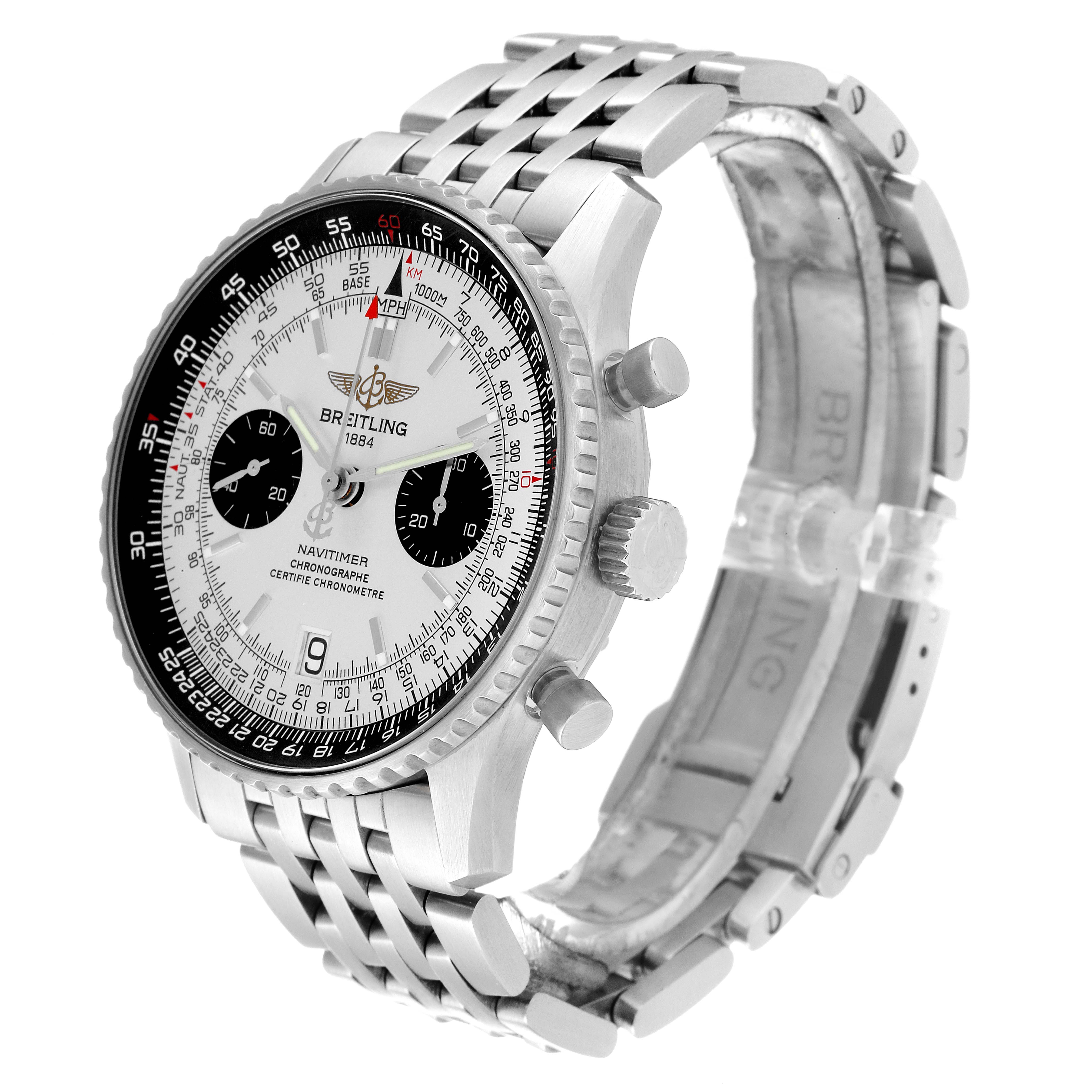 This Breitling Navitimer A23330 Men
s Stainless Steel Silver Dial A23330 Men
s Stainless Steel Silver Dial model is shown at a slightly tilted angle, highlighting the face, bezel, and stainless steel bracelet.