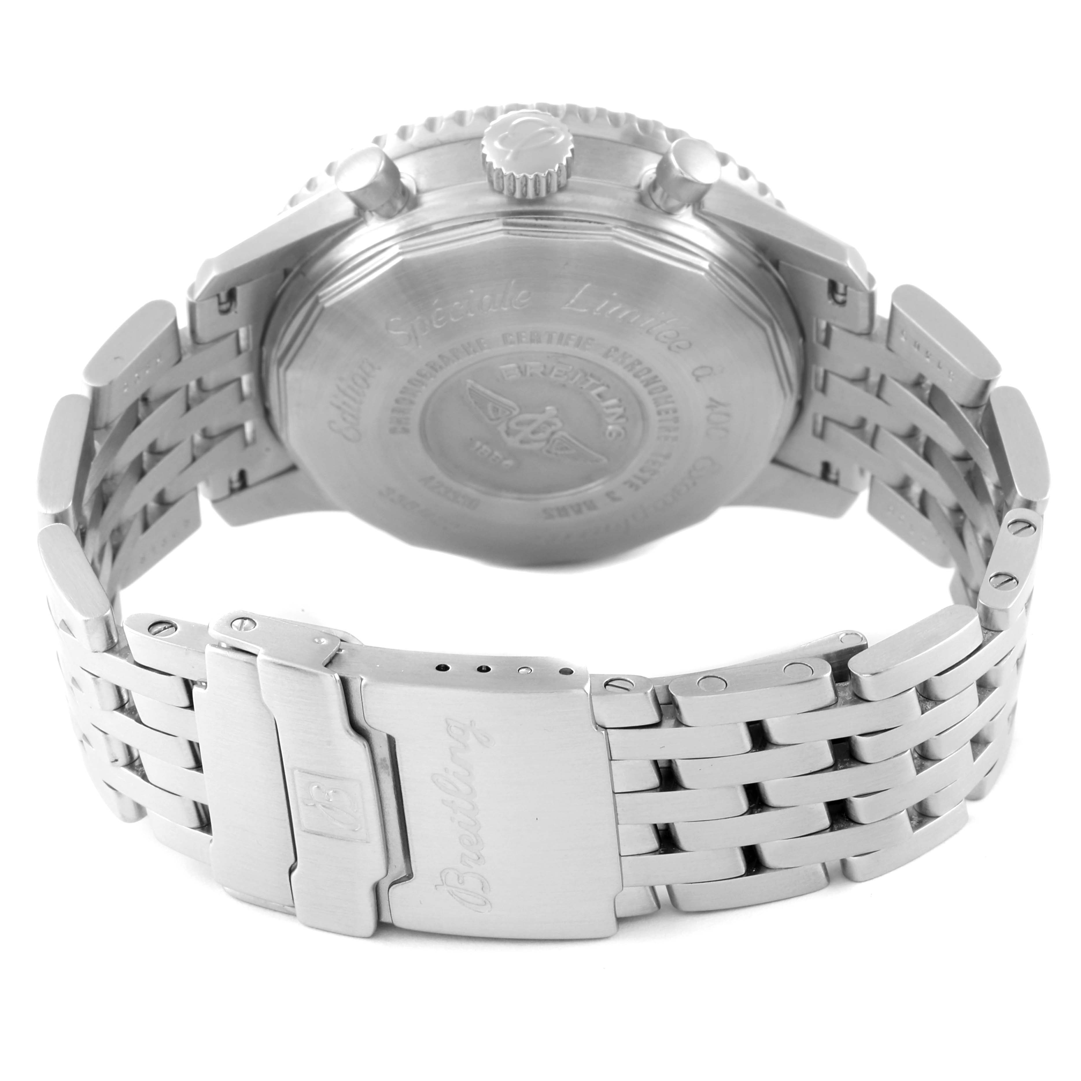 This image shows the back case and bracelet of a Breitling Navitimer A23330 Men
s Stainless Steel Silver Dial A23330 Men
s Stainless Steel Silver Dial watch from a rear angle.