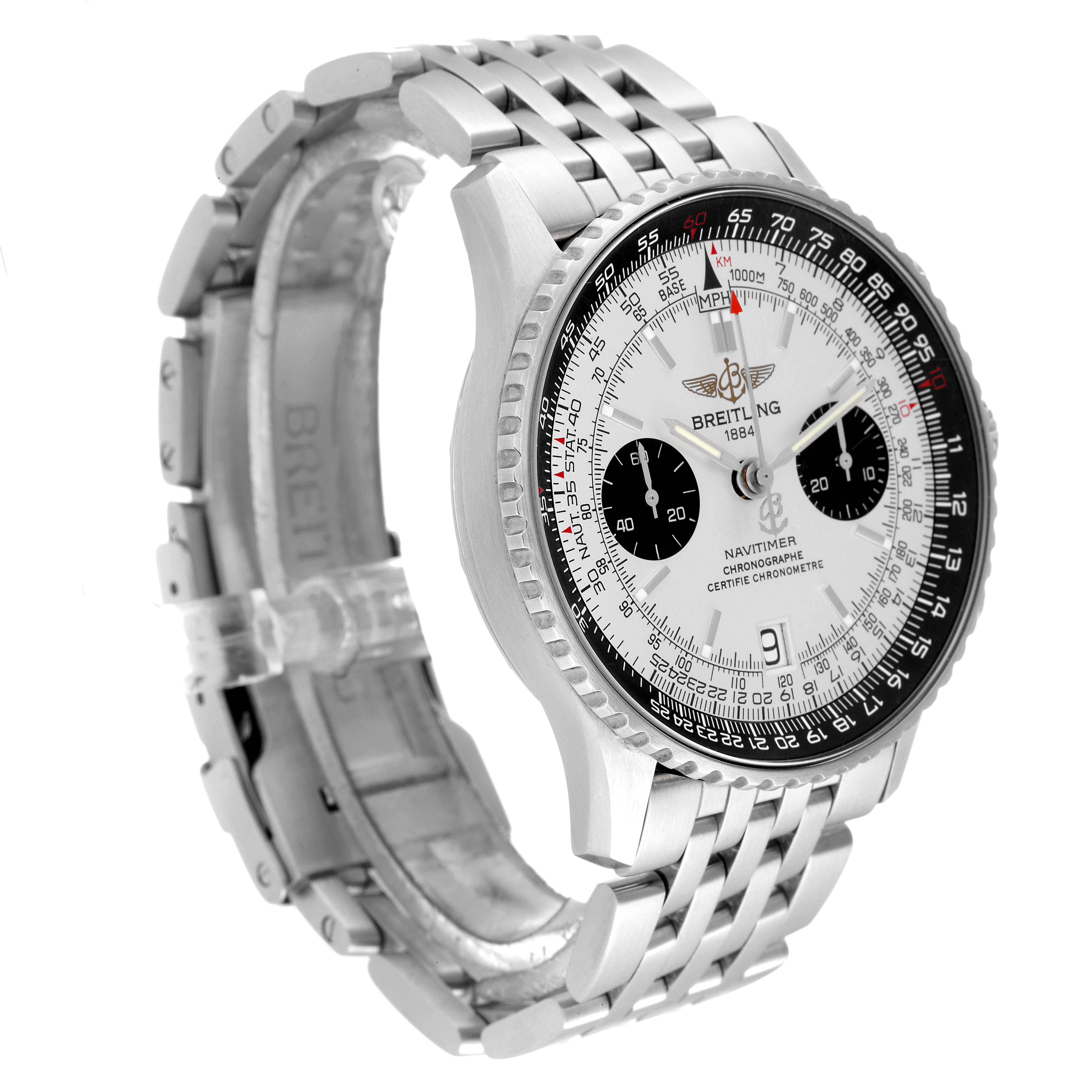 The image shows a Breitling Navitimer A23330 Men
s Stainless Steel Silver Dial A23330 Men
s Stainless Steel Silver Dial watch from a front-angle, highlighting its face, bezel, and metal bracelet.