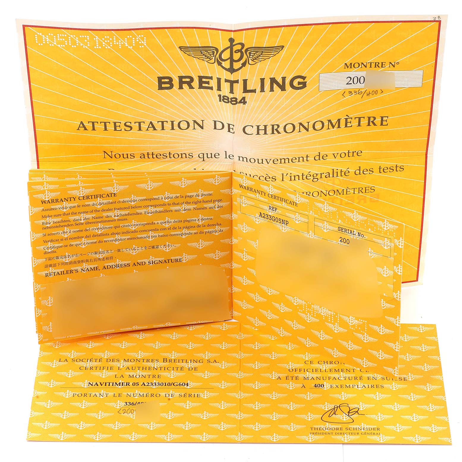The image shows warranty certificates and documents for a Breitling Navitimer A23330 Men
s Stainless Steel Silver Dial A23330 Men
s Stainless Steel Silver Dial watch.