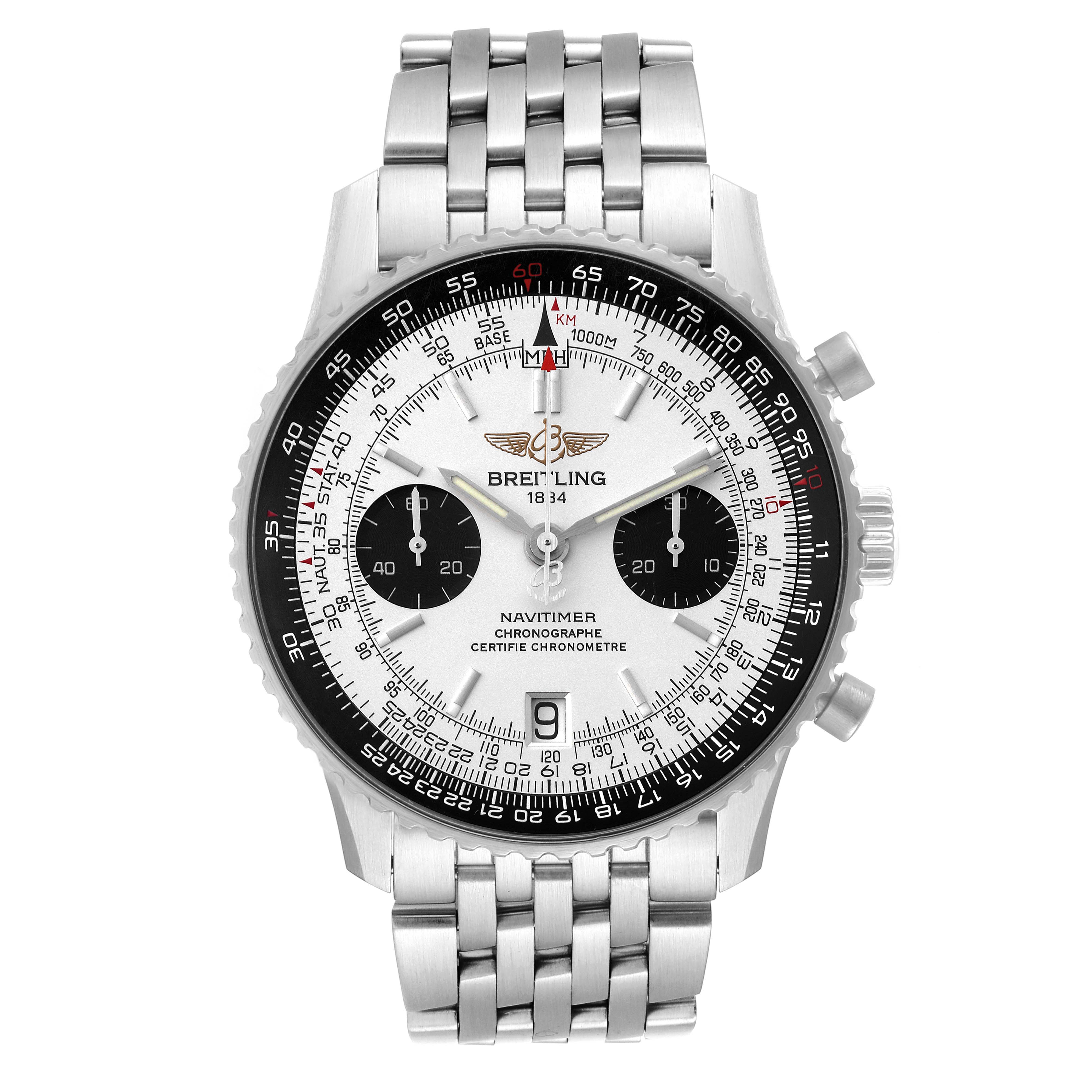 The image shows a front view of the Breitling Navitimer A23330 Men
s Stainless Steel Silver Dial A23330 Men
s Stainless Steel Silver Dial watch, highlighting its dial, chronograph subdials, and stainless steel bracelet.