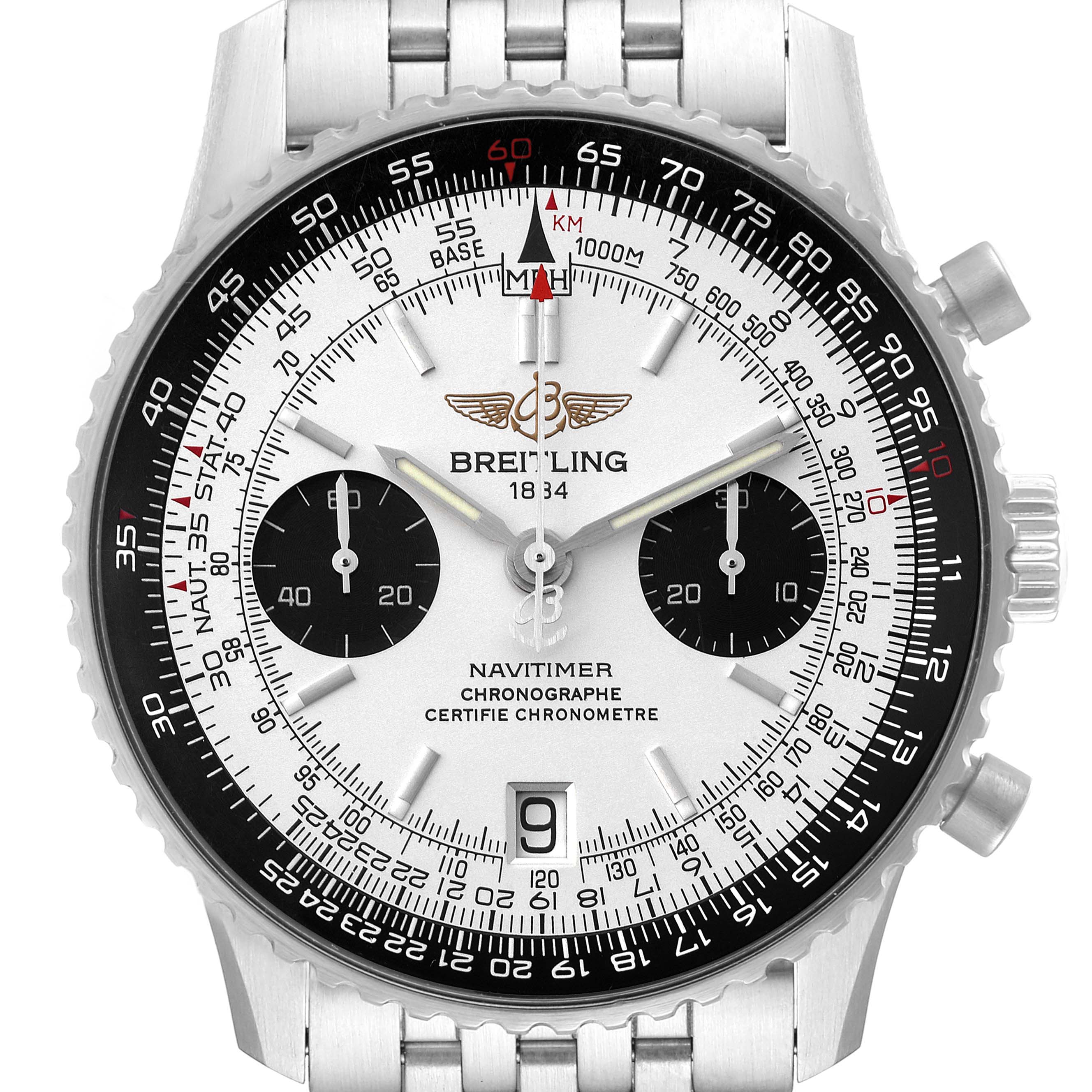 This image shows a front view of the Breitling Navitimer A23330 Men
s Stainless Steel Silver Dial A23330 Men
s Stainless Steel Silver Dial watch, displaying its dial, bezel, subdials, and bracelet.