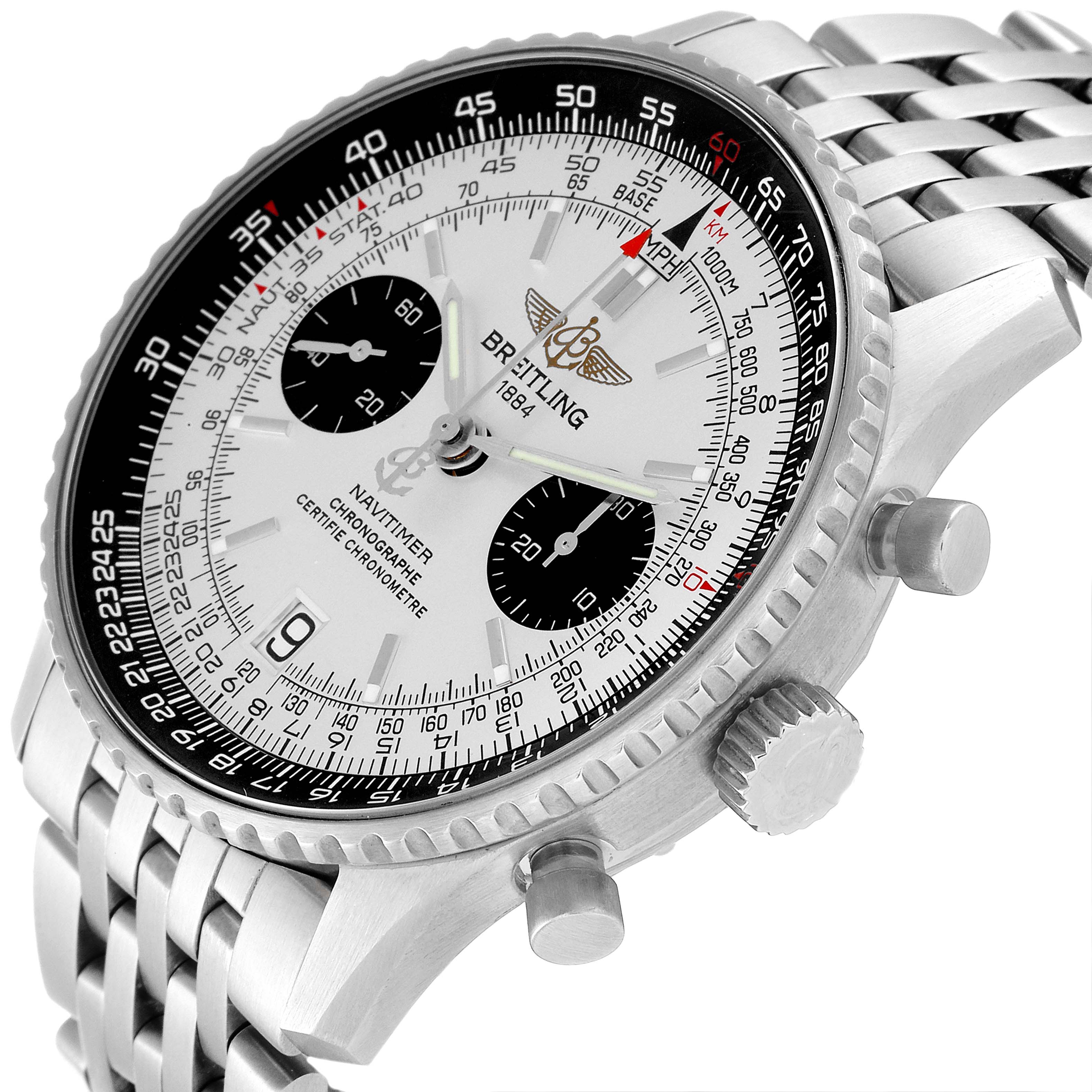 This image shows a side angle of the Breitling Navitimer A23330 Men
s Stainless Steel Silver Dial A23330 Men
s Stainless Steel Silver Dial watch, highlighting the bezel, crown, chronograph pushers, and bracelet.
