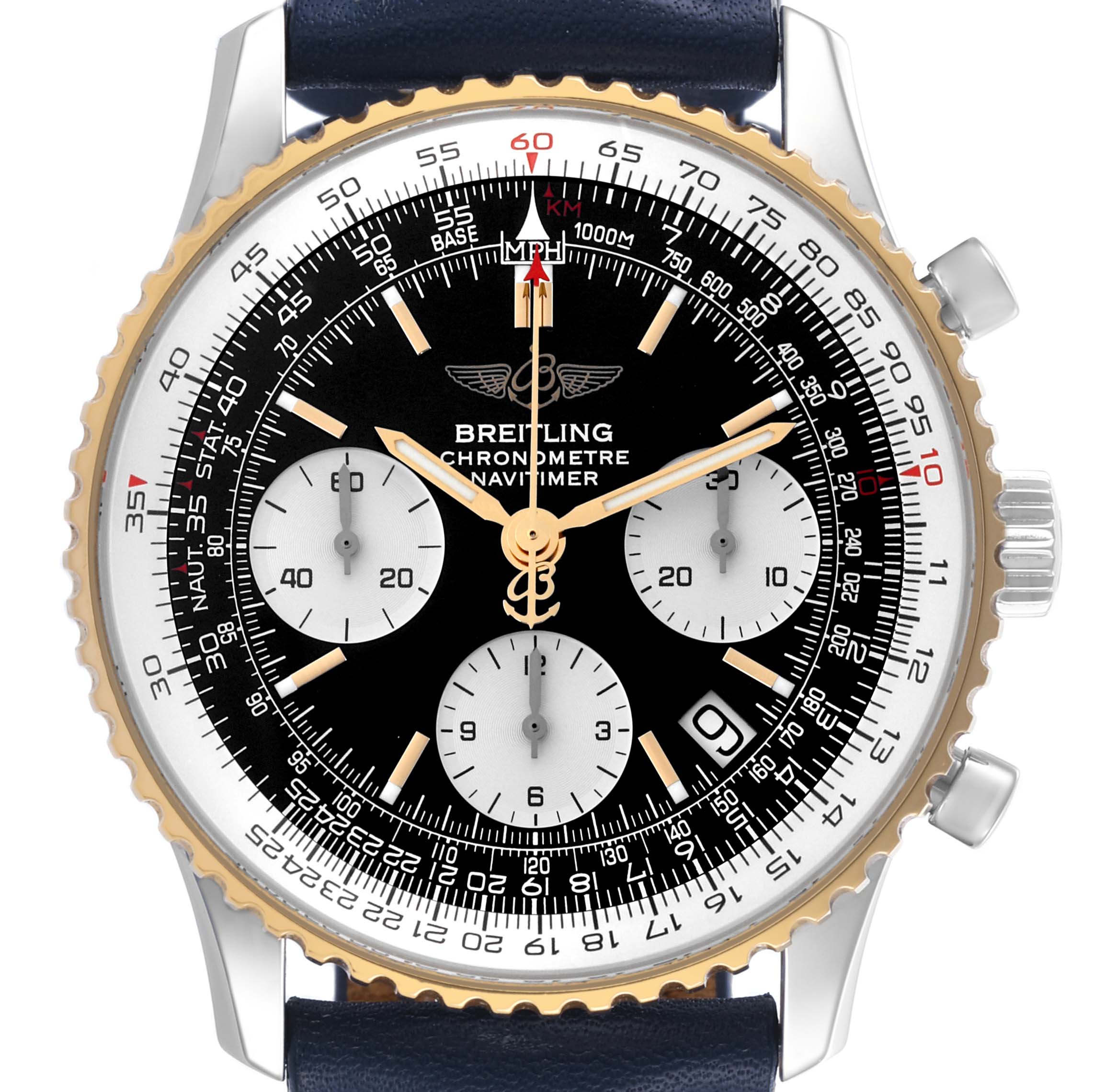 The Breitling Navitimer D23322 Men
s Stainless Steel Black Dial D23322 Men
s Stainless Steel Black Dial watch is shown from the front, displaying the dial, subdials, and bezel.
