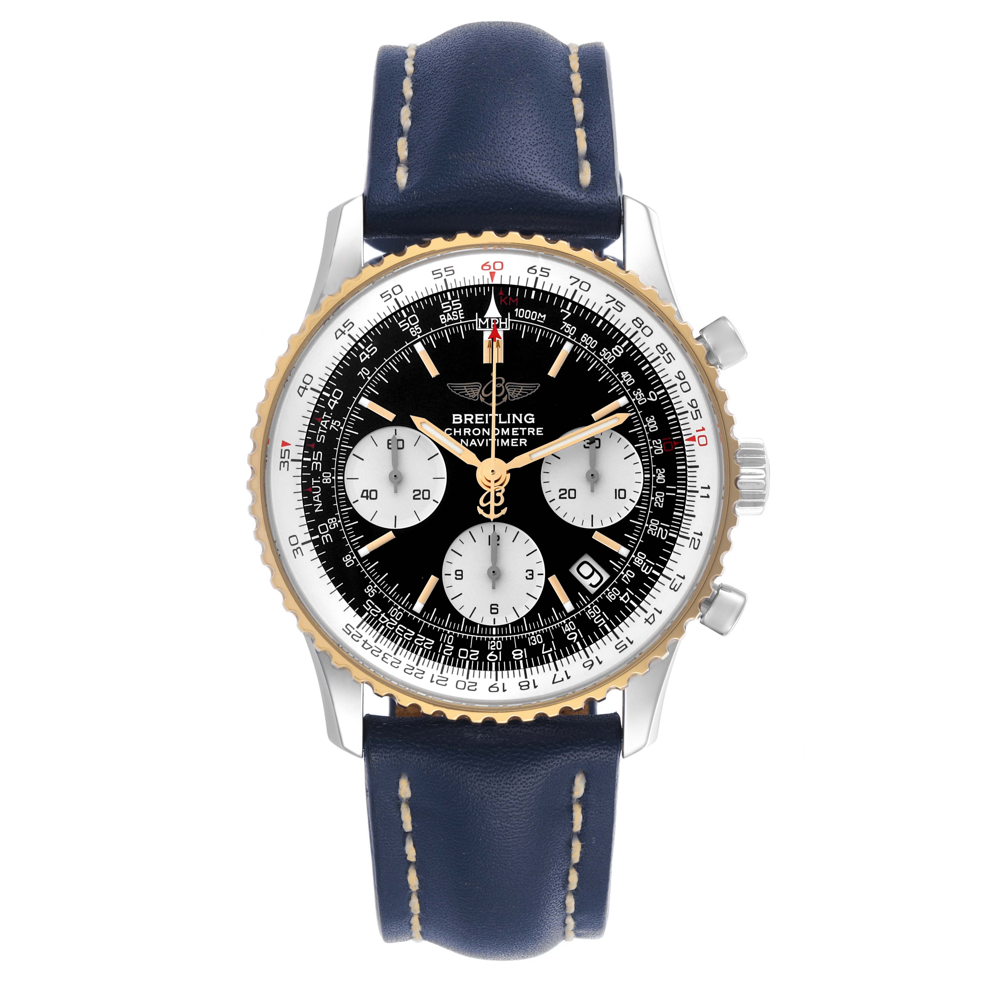 The Breitling Navitimer D23322 Men
s Stainless Steel Black Dial D23322 Men
s Stainless Steel Black Dial watch is shown from a top view, displaying the dial, bezel, and strap.