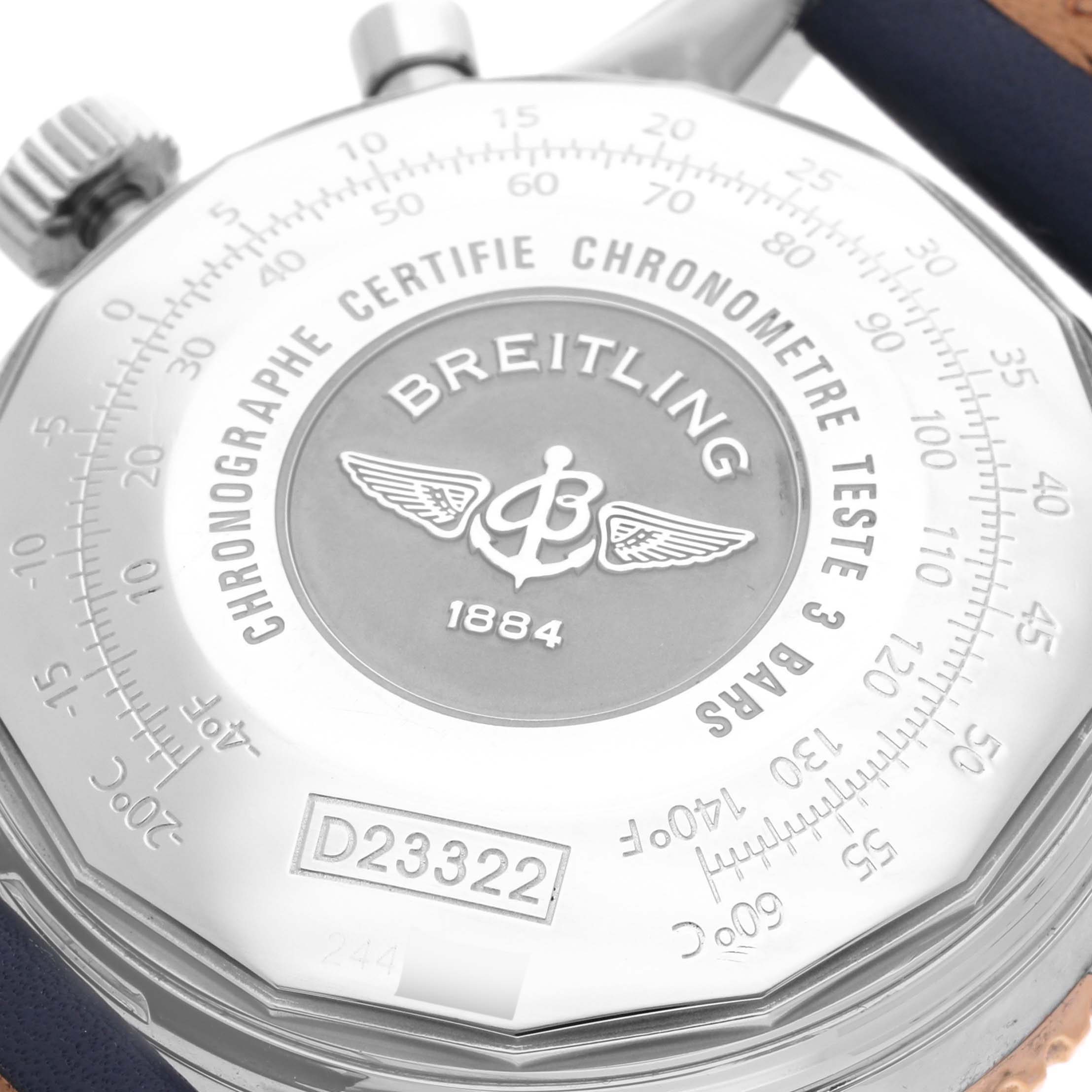 The image shows the back of a Breitling Navitimer D23322 Men
s Stainless Steel Black Dial D23322 Men
s Stainless Steel Black Dial with the engraved logo and model details.