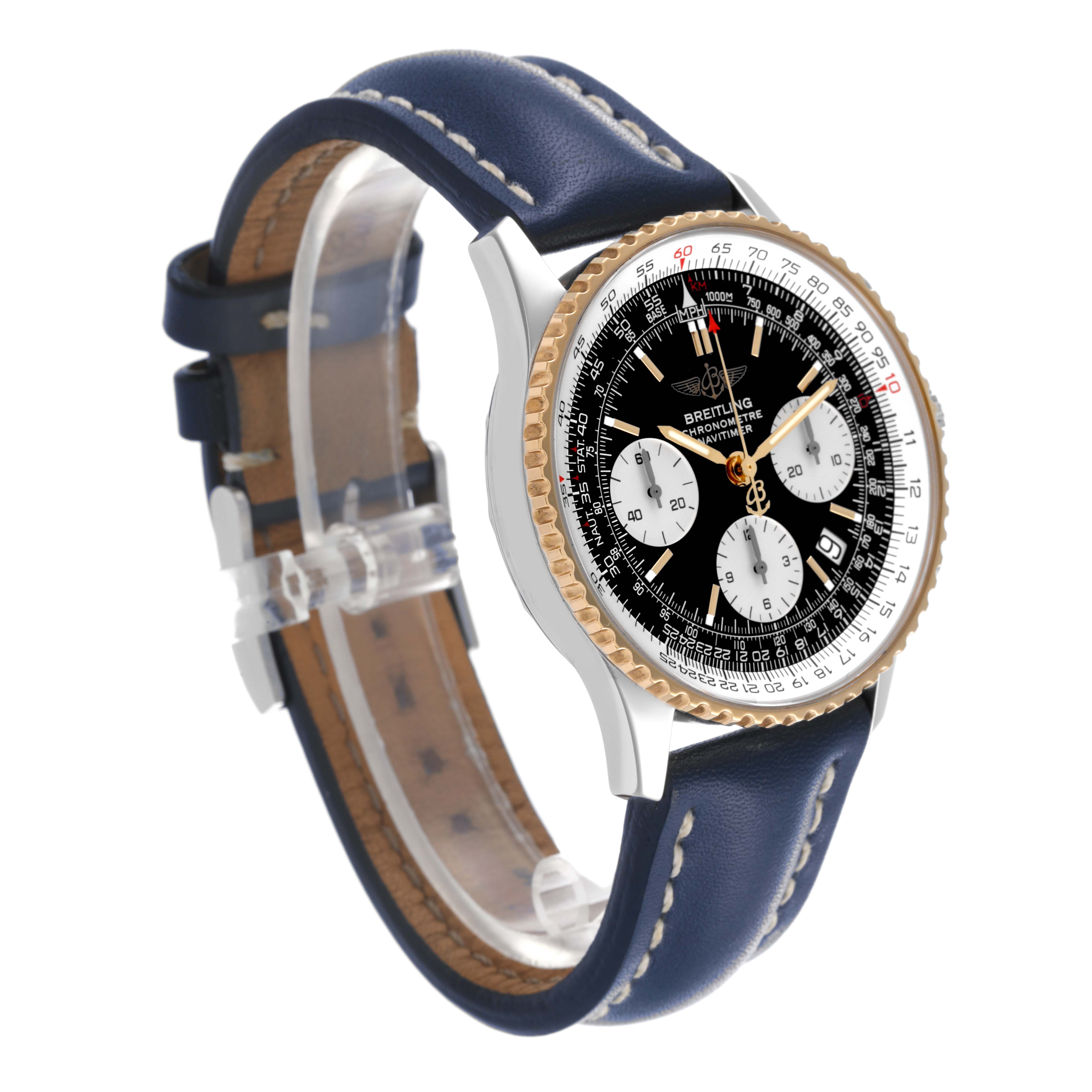 The Breitling Navitimer D23322 Men
s Stainless Steel Black Dial D23322 Men
s Stainless Steel Black Dial watch is shown at an angled side view, displaying the face, bezel, and part of the leather strap.