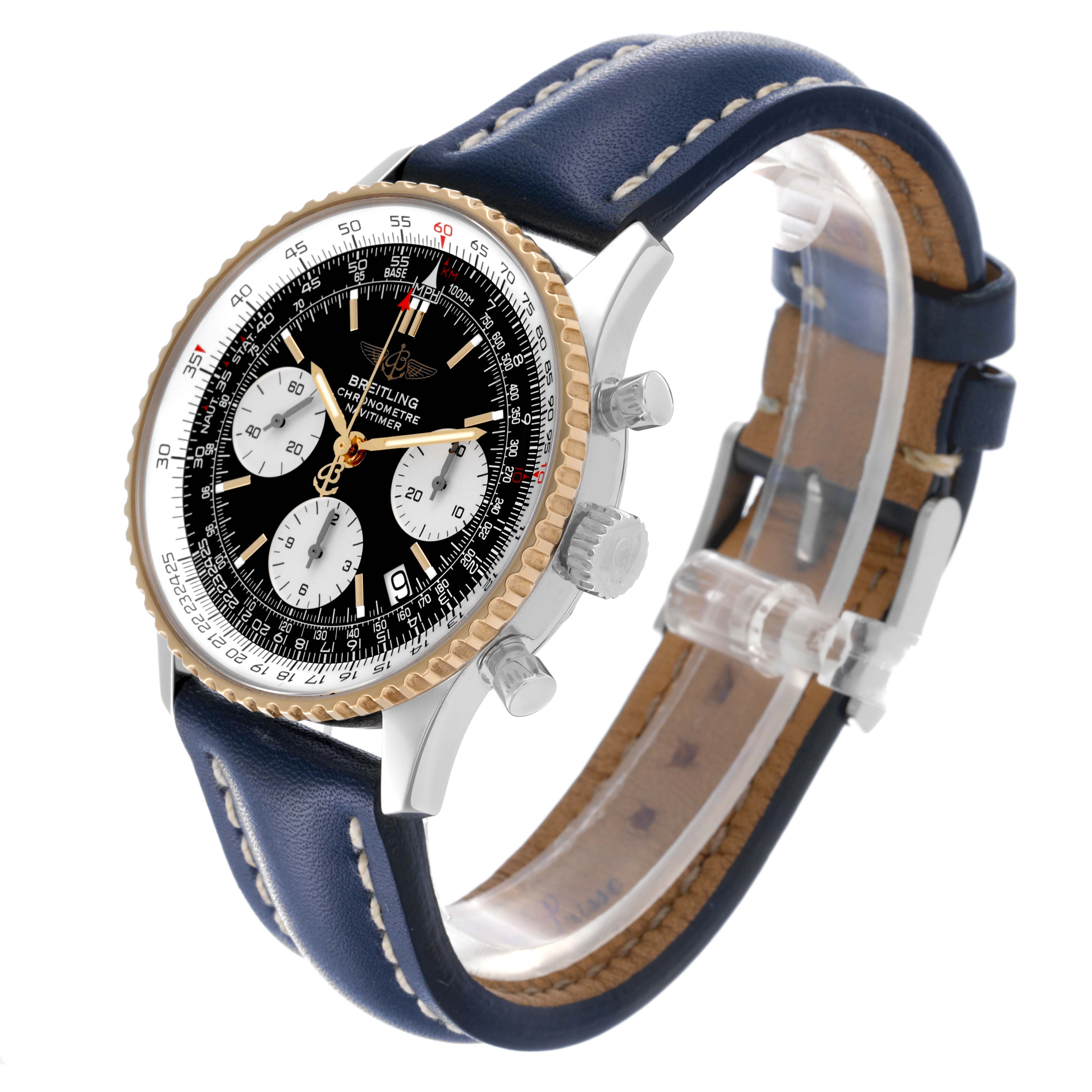 The Breitling Navitimer D23322 Men
s Stainless Steel Black Dial D23322 Men
s Stainless Steel Black Dial watch is shown at a three-quarter angle, highlighting the dial, bezel, pushers, and leather strap.