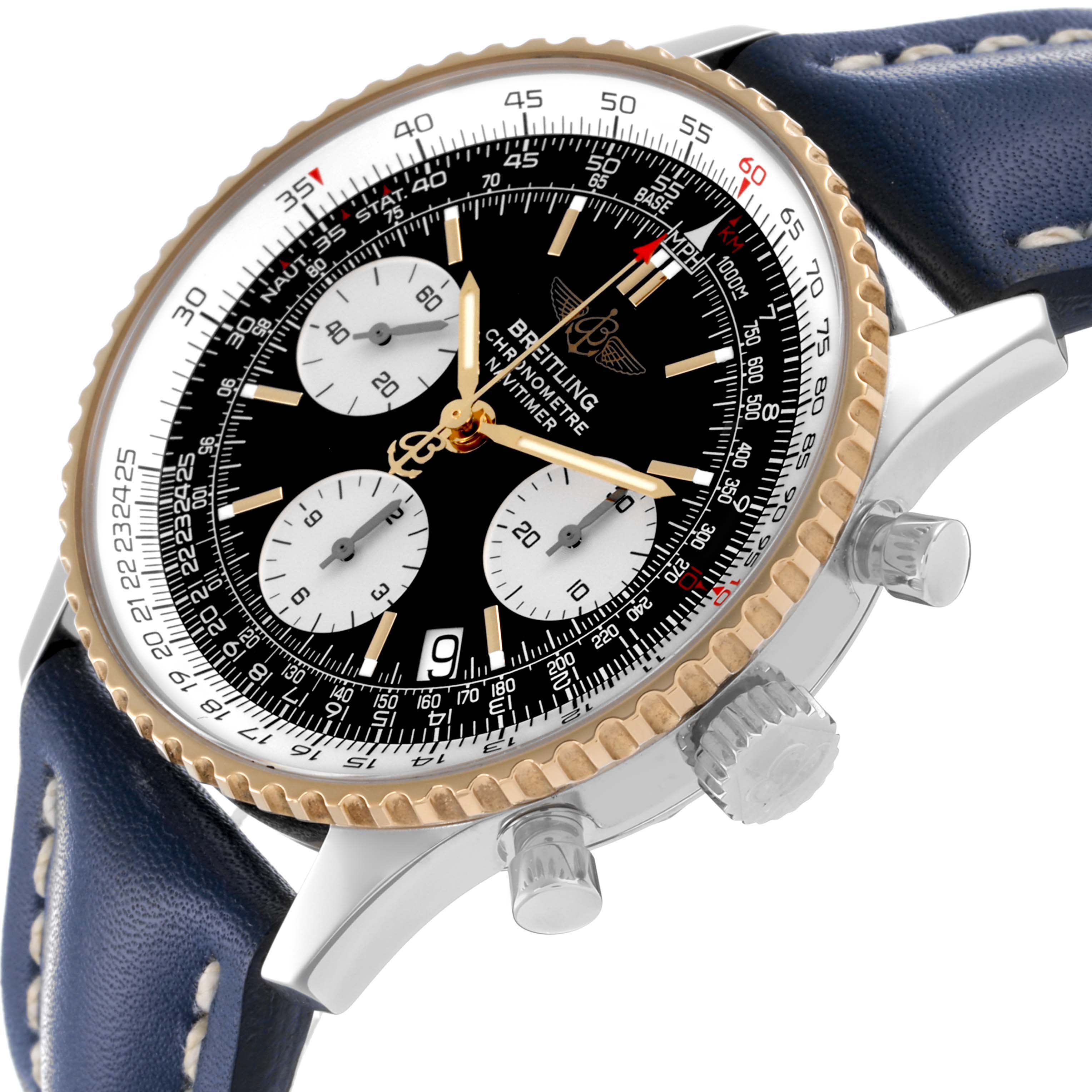 The Breitling Navitimer D23322 Men
s Stainless Steel Black Dial D23322 Men
s Stainless Steel Black Dial watch is shown at an angled side view, highlighting its dial, bezel, crown, and pushers.