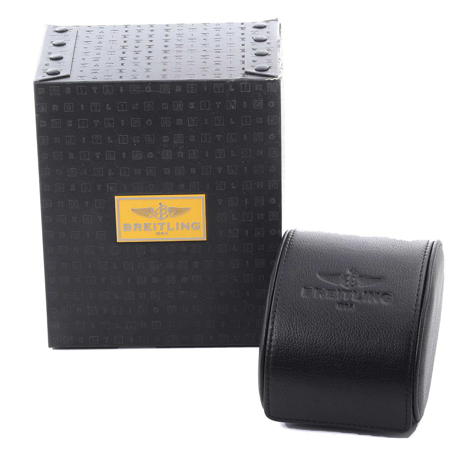 The image shows a Breitling Navitimer D23322 Men
s Stainless Steel Black Dial D23322 Men
s Stainless Steel Black Dial box and leather case, viewed from the front.