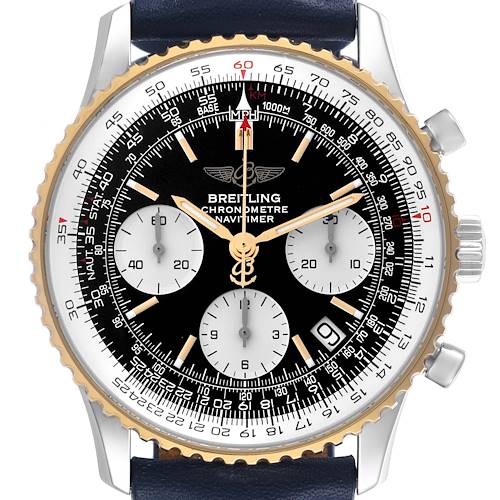 The Breitling Navitimer watch is shown from a front angle, displaying its detailed dial, bezel, and pushers.