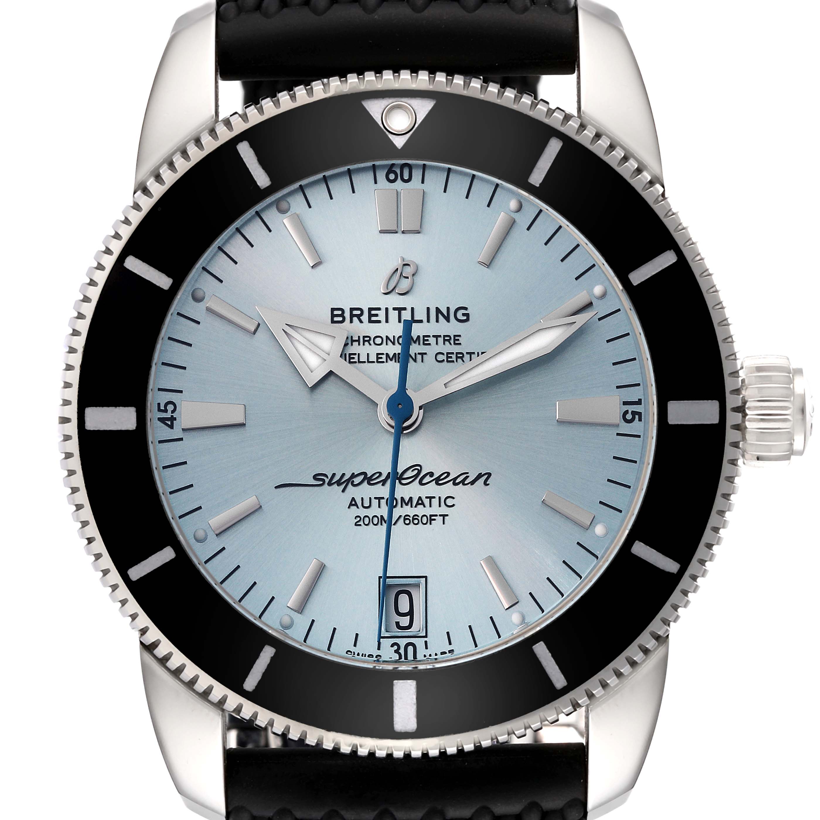 The image shows a close-up of the Breitling Superocean AB20108A1C1S1 Men's Stainless Steel Blue Dial AB20108A1C1S1 Men's Stainless Steel Blue Dial watch dial, bezel, crown, and a portion of the strap.