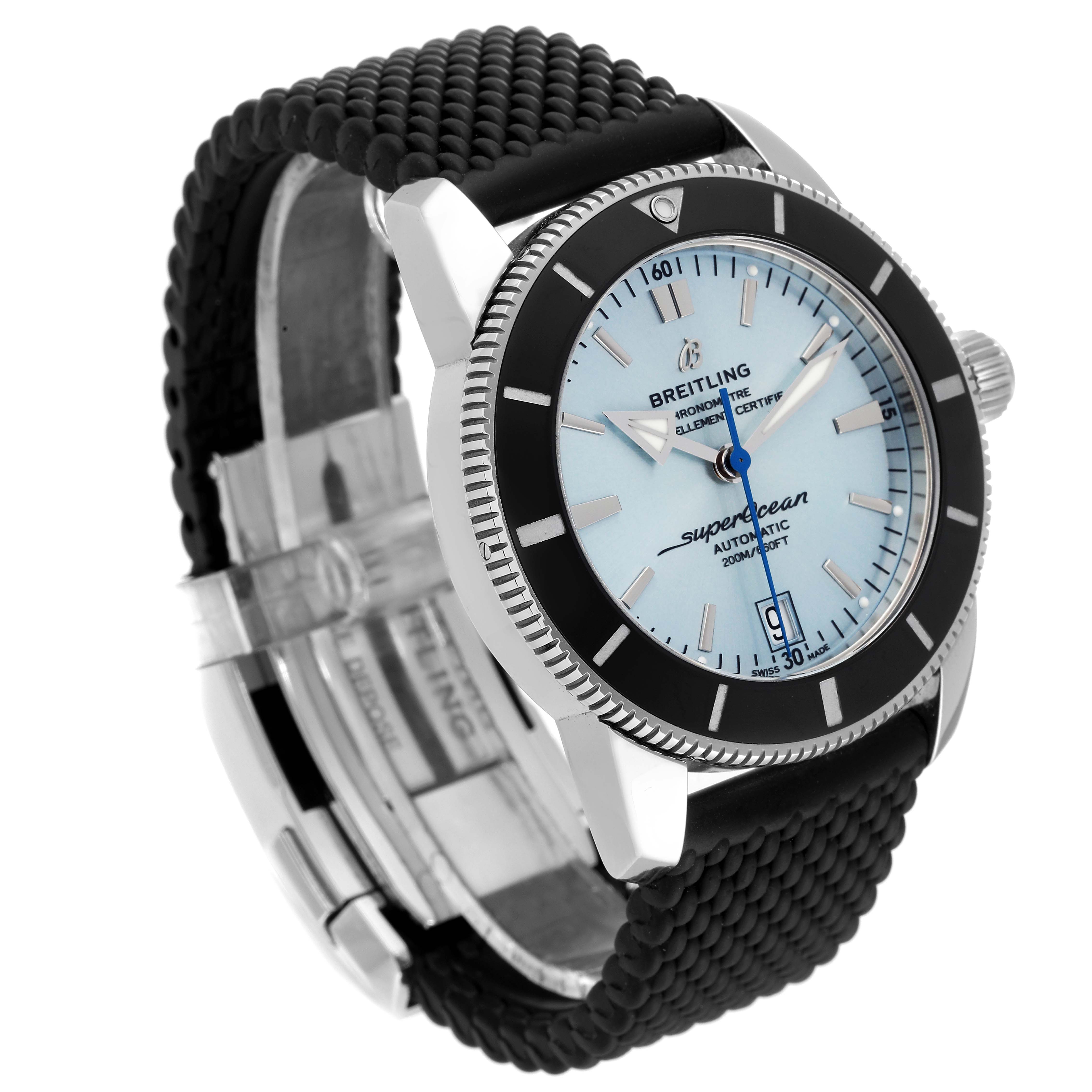 The image shows a Breitling Superocean AB20108A1C1S1 Men's Stainless Steel Blue Dial AB20108A1C1S1 Men's Stainless Steel Blue Dial watch at a side angle, featuring the face, bezel, crown, and partial view of the strap and clasp.