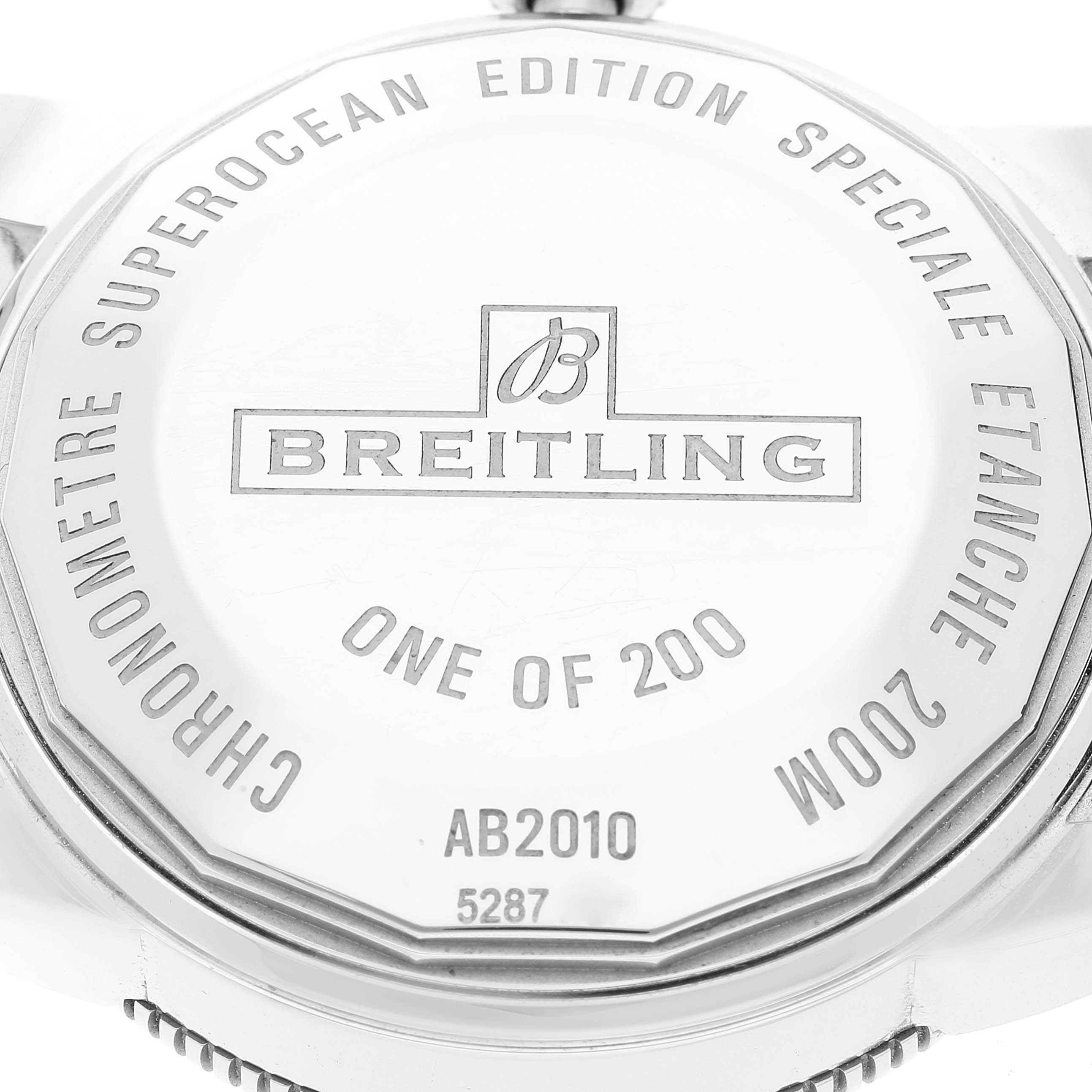 The image shows the case back of the Breitling Superocean AB20108A1C1S1 Men's Stainless Steel Blue Dial AB20108A1C1S1 Men's Stainless Steel Blue Dial watch model.