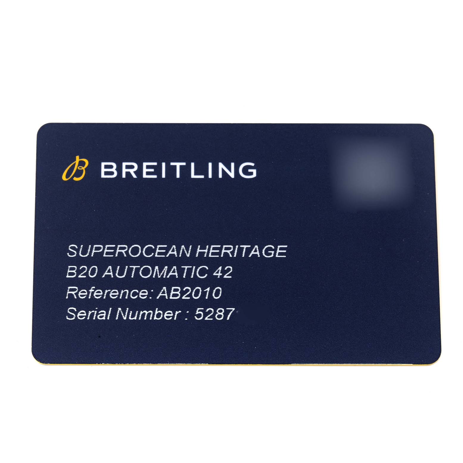 The image shows a warranty card for a Breitling Superocean AB20108A1C1S1 Men's Stainless Steel Blue Dial AB20108A1C1S1 Men's Stainless Steel Blue Dial Heritage B20 Automatic 42 watch.