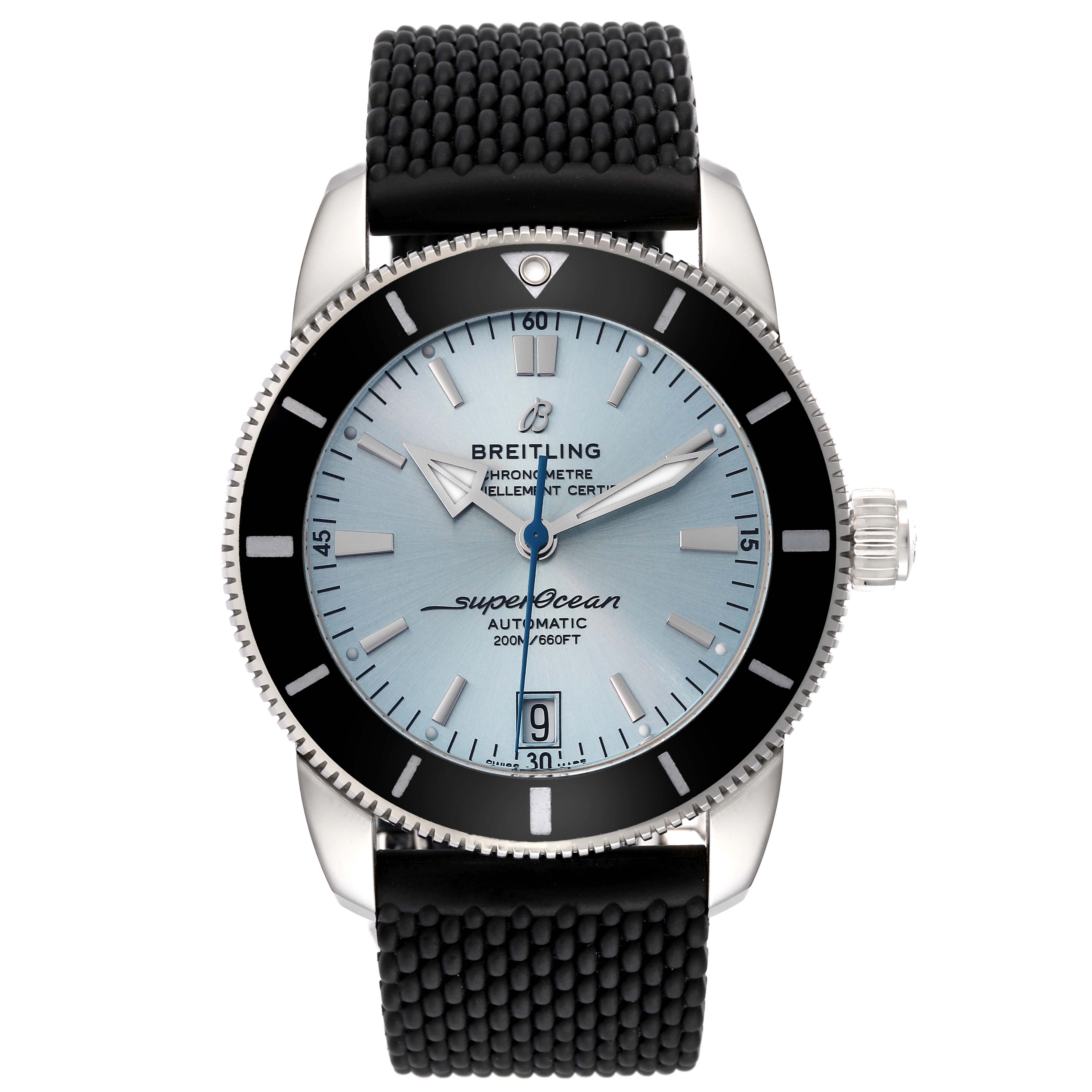 This image shows a front view of a Breitling Superocean AB20108A1C1S1 Men's Stainless Steel Blue Dial AB20108A1C1S1 Men's Stainless Steel Blue Dial watch, highlighting its dial, bezel, and strap.