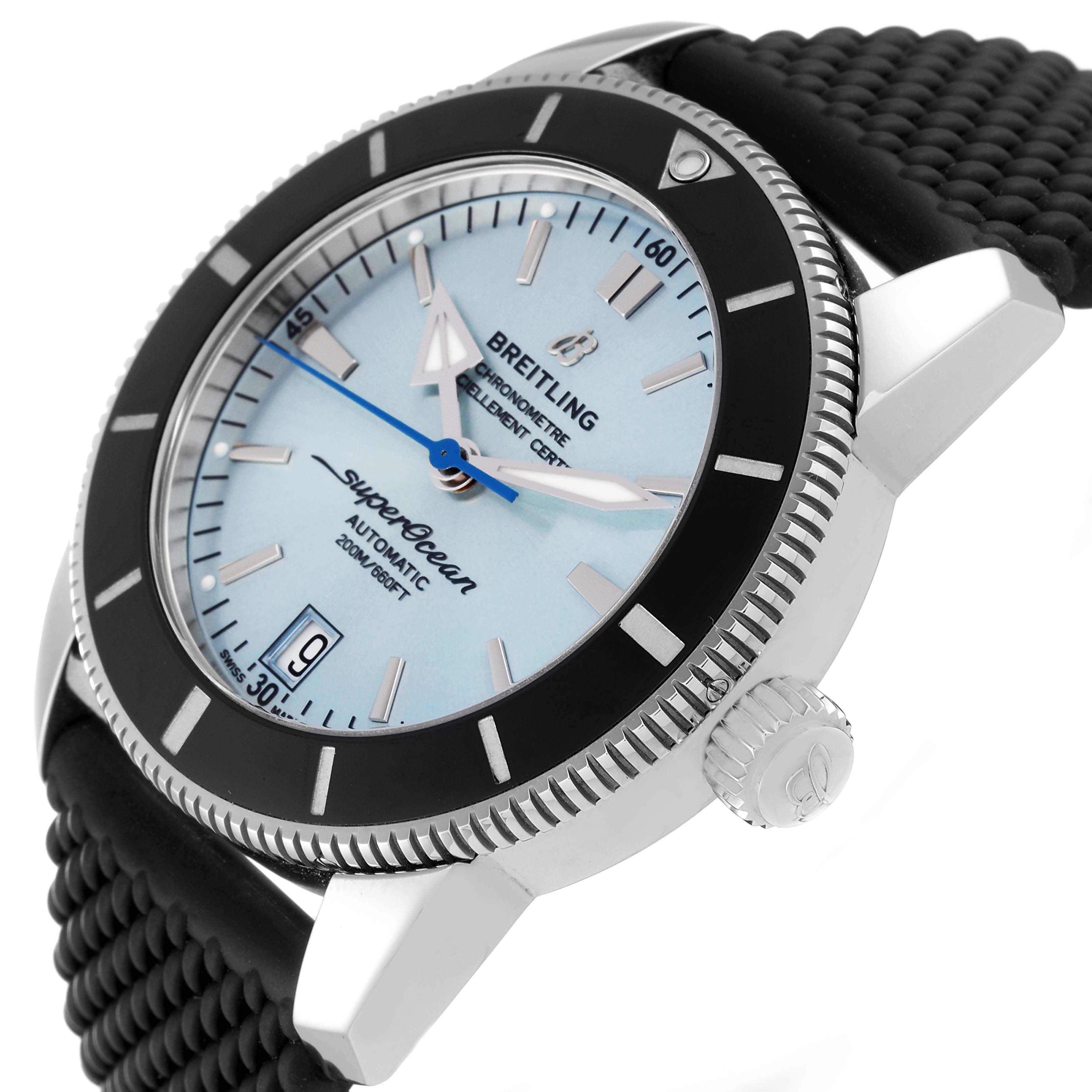 The image shows a Breitling Superocean AB20108A1C1S1 Men's Stainless Steel Blue Dial AB20108A1C1S1 Men's Stainless Steel Blue Dial watch at an angled side view, highlighting the dial, bezel, crown, and strap.