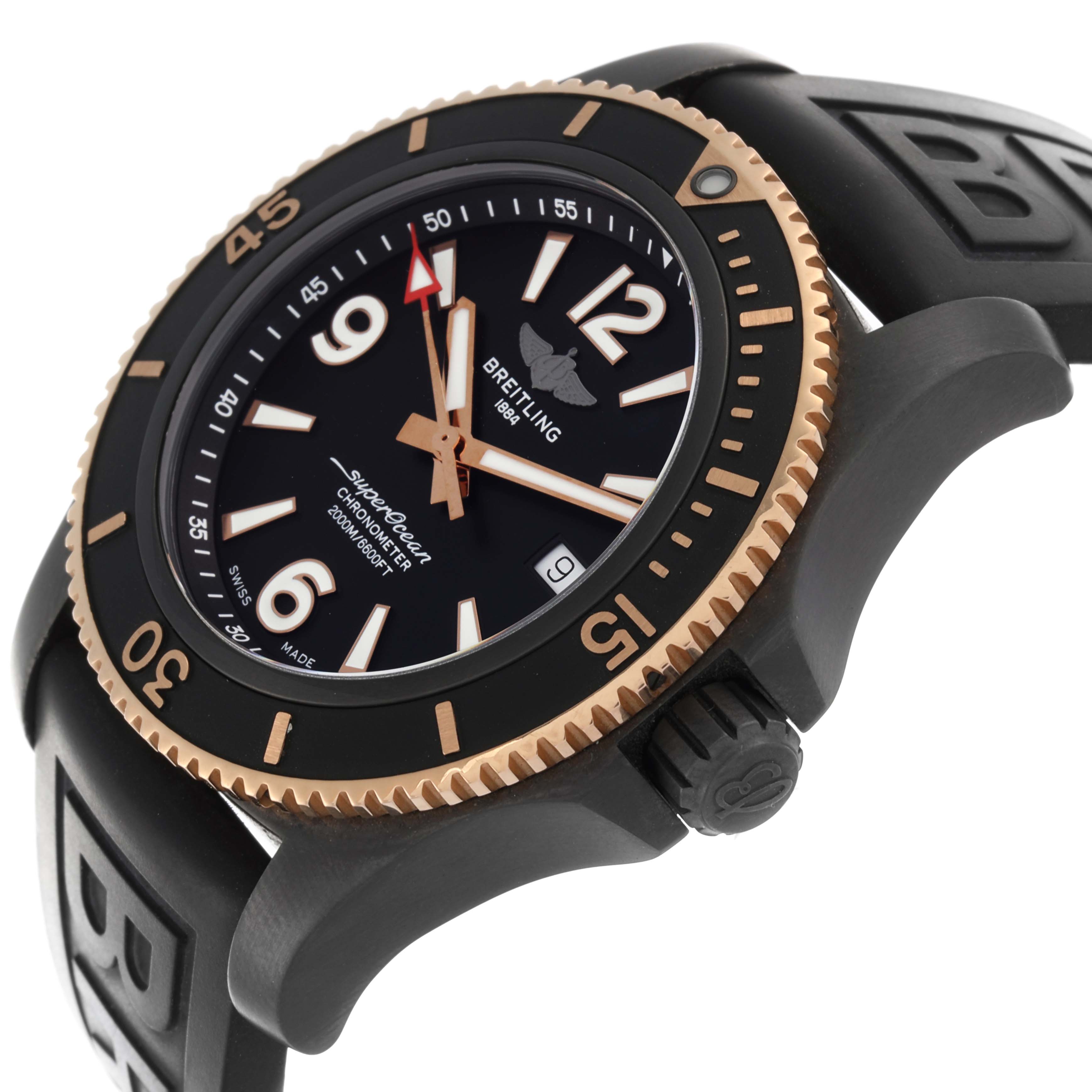 The Breitling Superocean U17368 Men's Steel and Gold (two tone) Black Dial U17368 Men's Steel and Gold (two tone) Black Dial watch is shown at an angled side view, displaying the bezel, dial, crown, and strap.