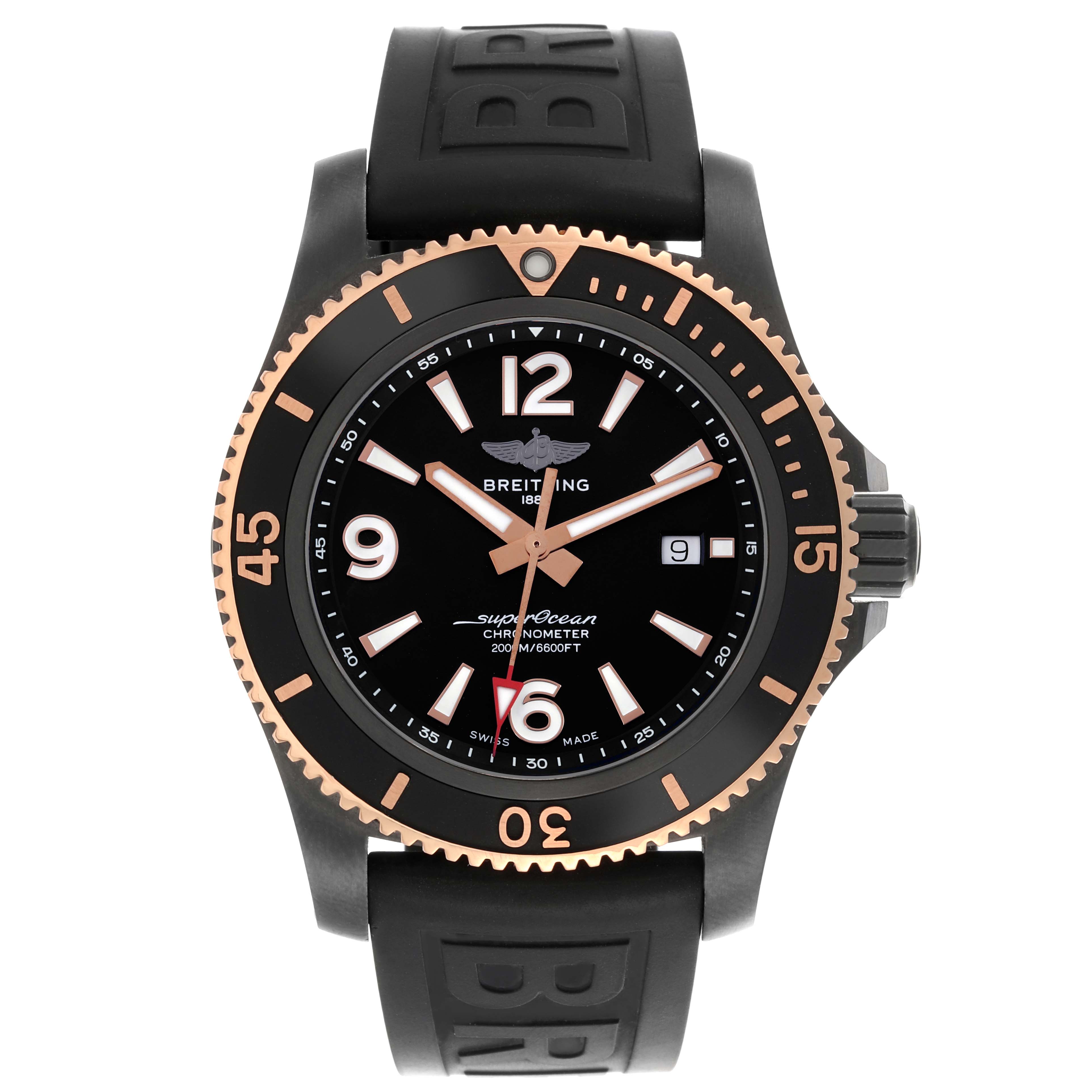 The Breitling Superocean U17368 Men's Steel and Gold (two tone) Black Dial U17368 Men's Steel and Gold (two tone) Black Dial watch is shown from the front, displaying the dial, bezel, and part of the strap.