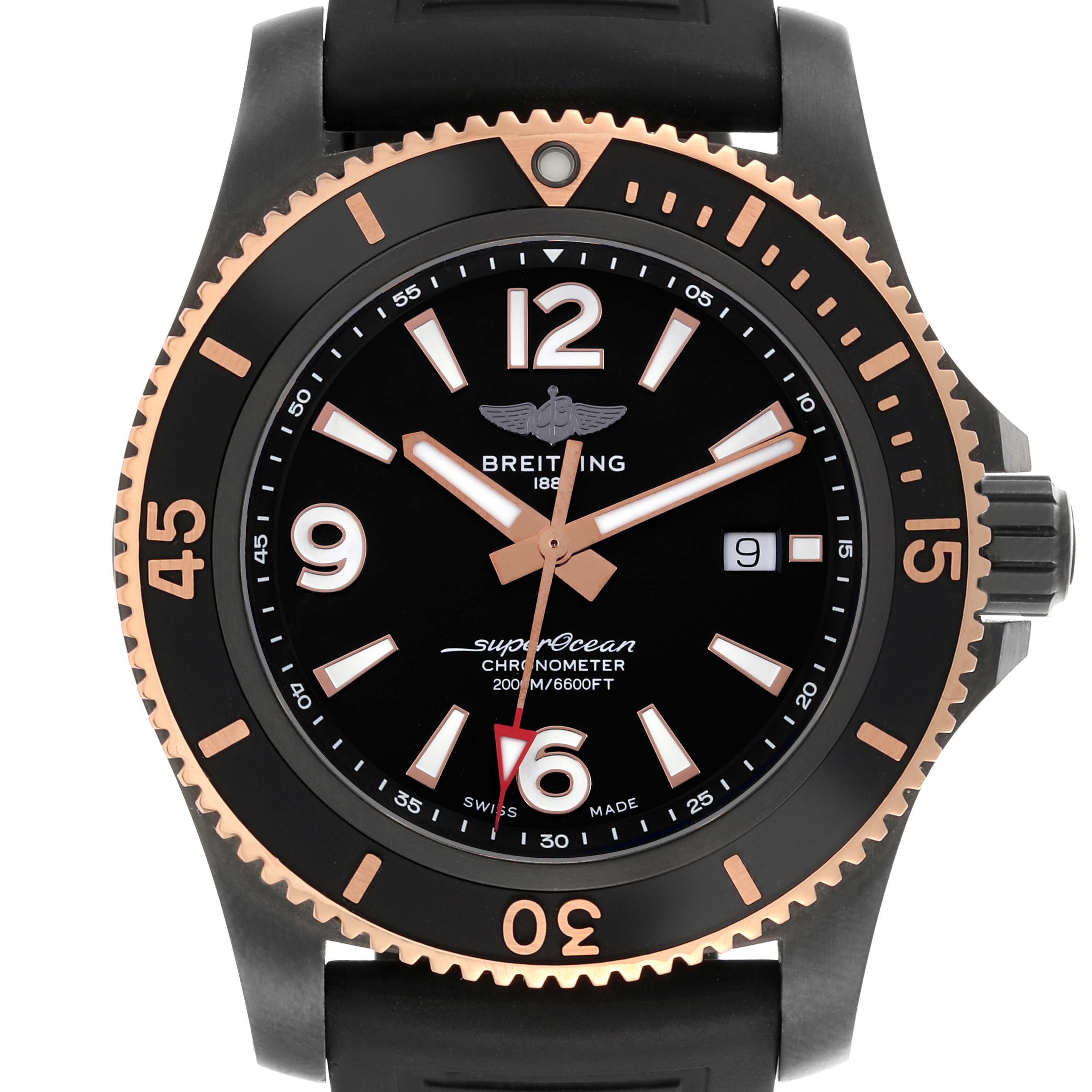The Breitling Superocean U17368 Men's Steel and Gold (two tone) Black Dial U17368 Men's Steel and Gold (two tone) Black Dial watch is shown from the front, highlighting the bezel, dial, hands, and strap.