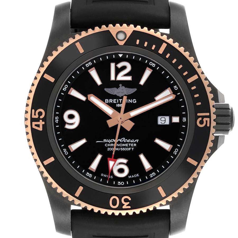 The Breitling Superocean watch is shown from the front, highlighting the bezel, dial, hands, and strap.