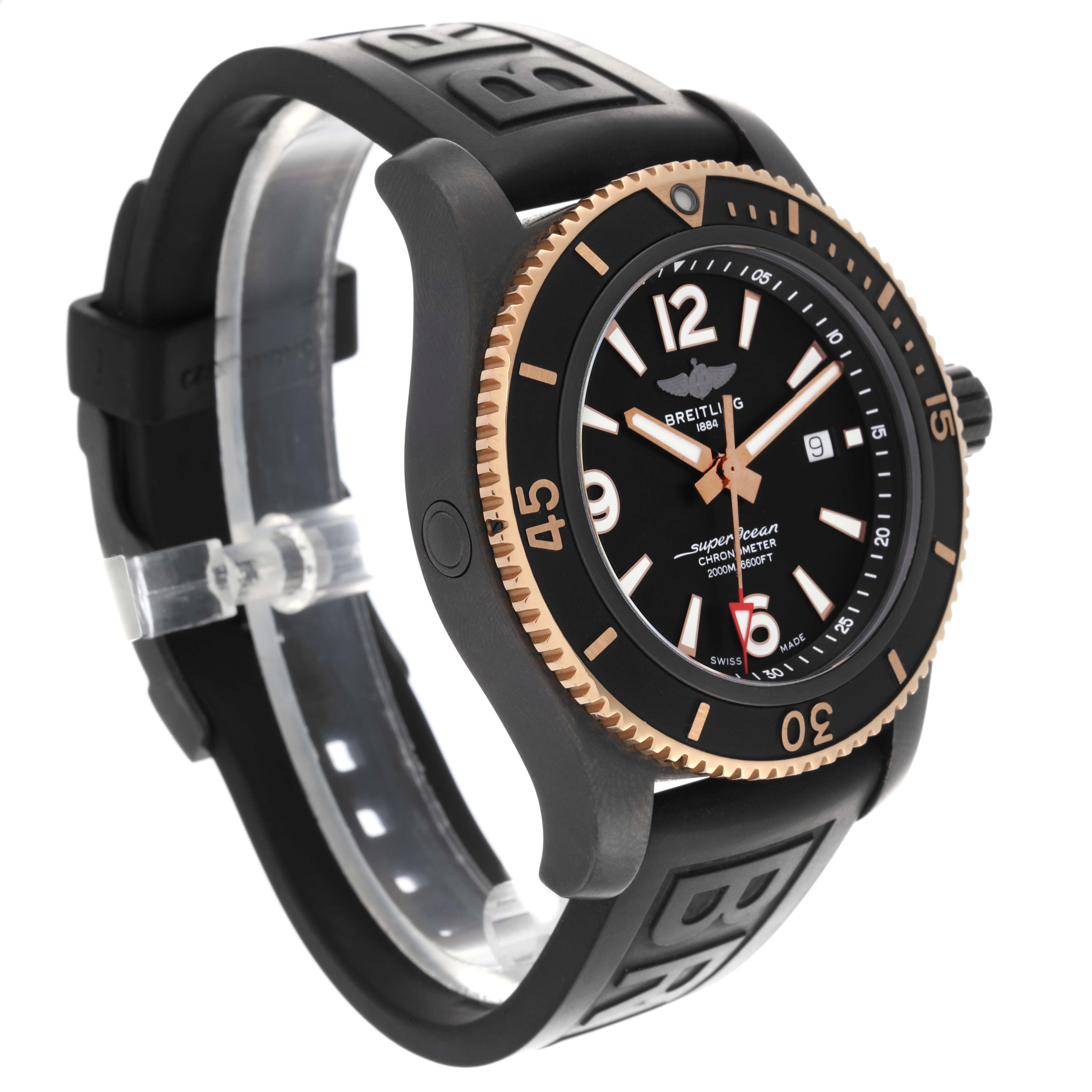 The Breitling Superocean U17368 Men's Steel and Gold (two tone) Black Dial U17368 Men's Steel and Gold (two tone) Black Dial watch is shown at a three-quarter angle, displaying the face, bezel, and rubber strap.