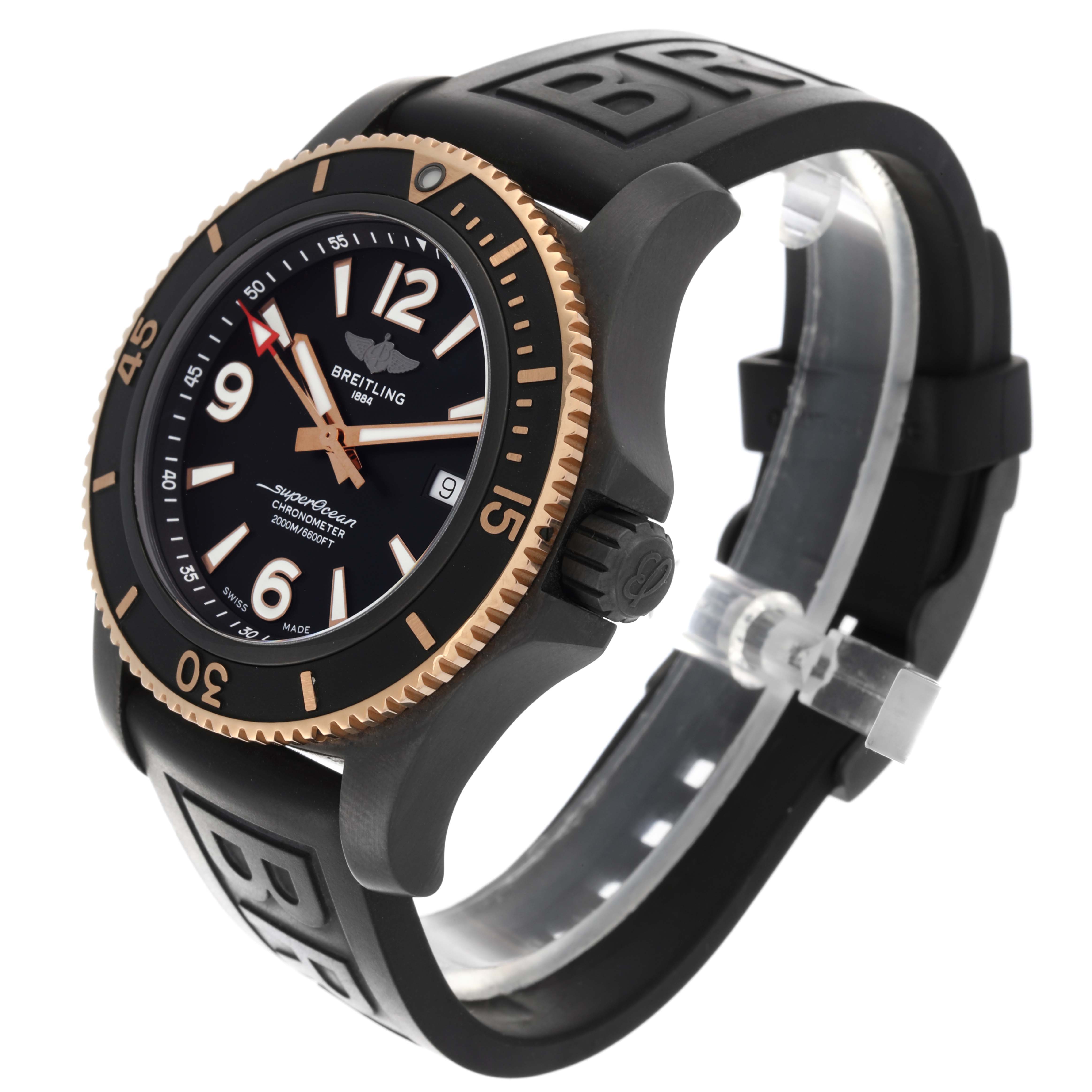 The Breitling Superocean U17368 Men's Steel and Gold (two tone) Black Dial U17368 Men's Steel and Gold (two tone) Black Dial watch is shown at a side angle, highlighting the bezel, dial, and strap.