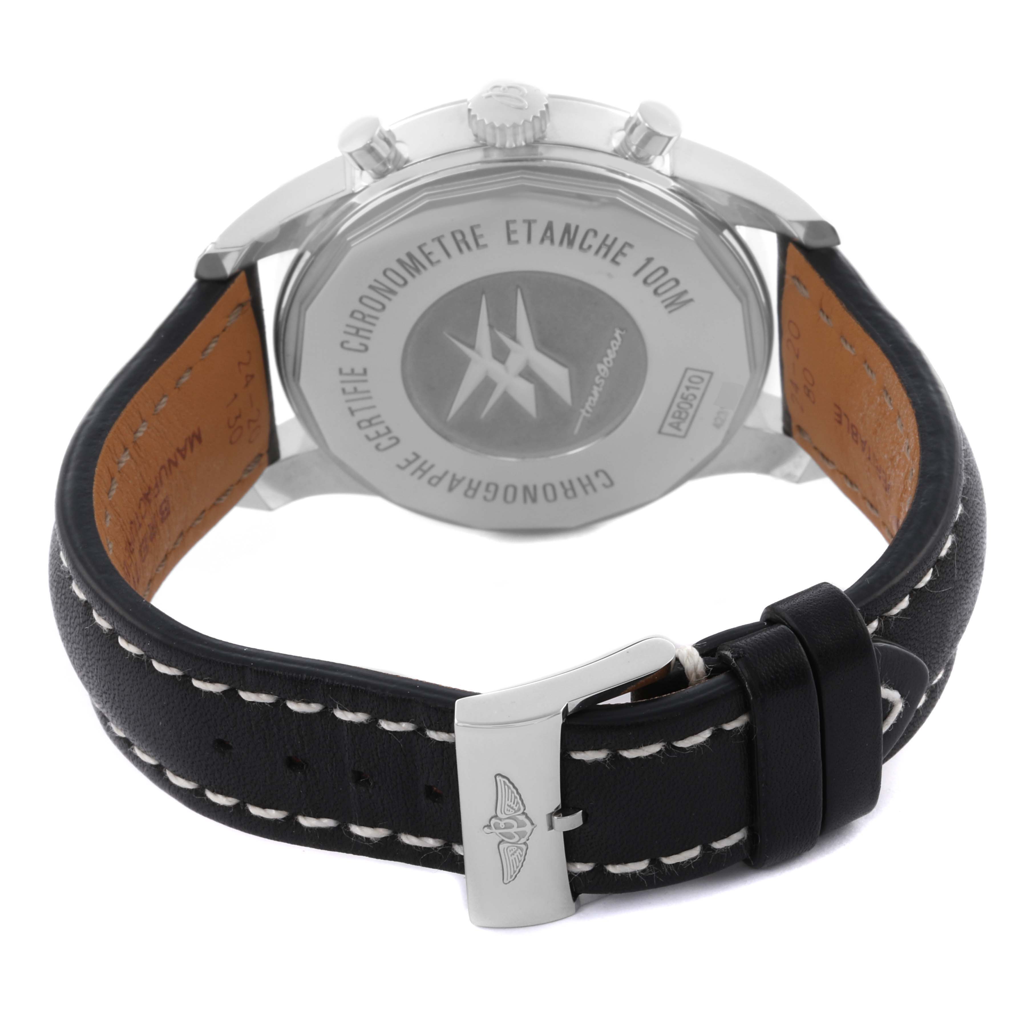 The image shows the back of the Breitling Transocean AB0510 Men's Stainless Steel Black Dial AB0510 Men's Stainless Steel Black Dial, highlighting its case back and leather strap with a buckle.