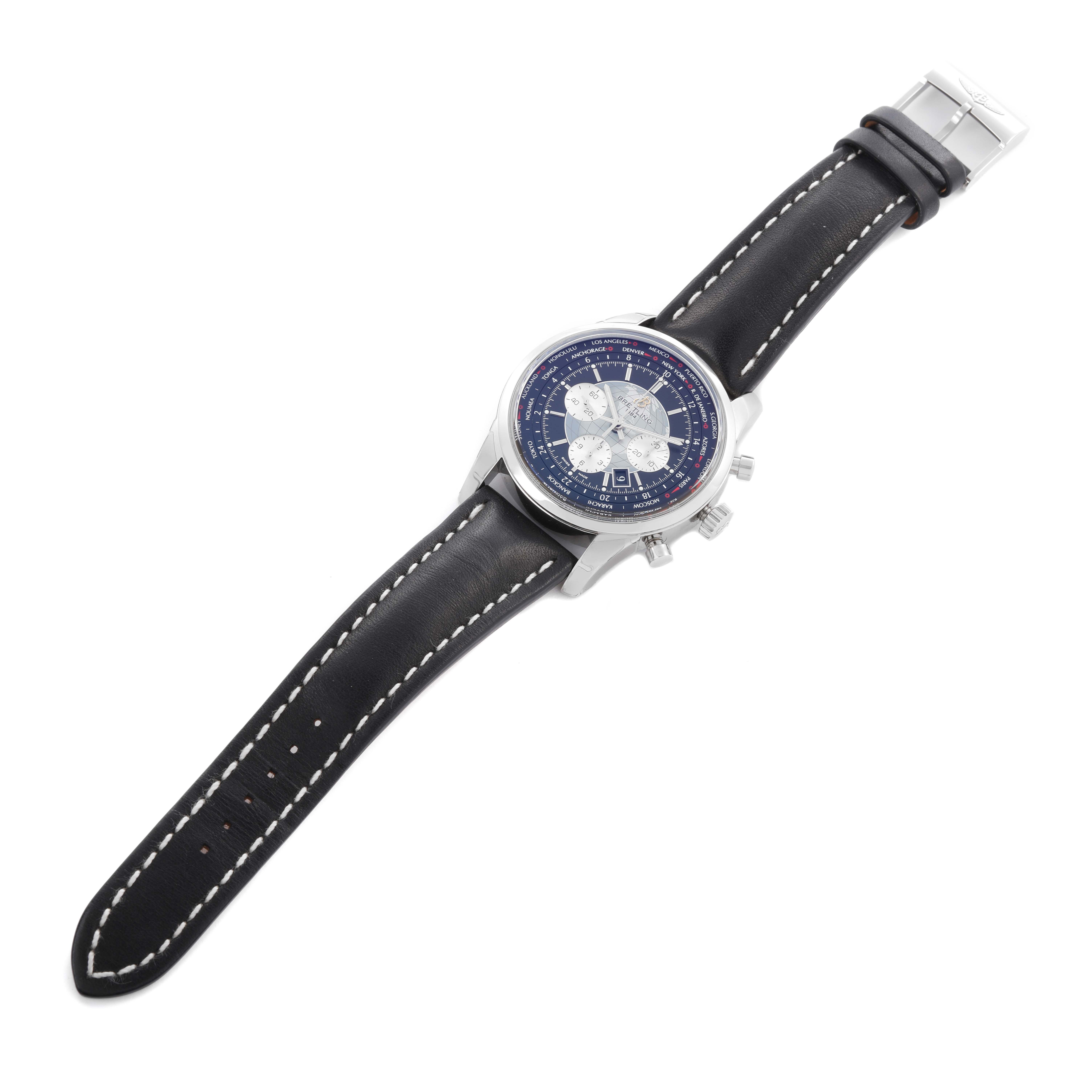 The Breitling Transocean AB0510 Men's Stainless Steel Black Dial AB0510 Men's Stainless Steel Black Dial watch is shown from the top, displaying the face, bezel, case, and leather strap.