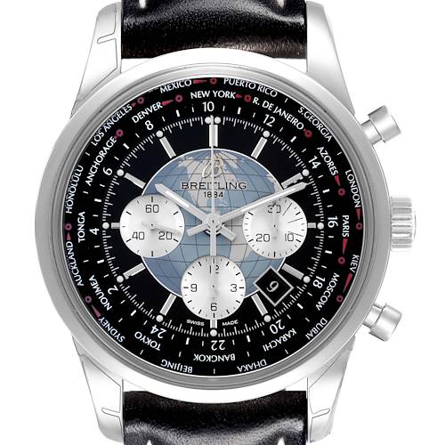 The Breitling Transocean watch is shown from the front, displaying its dial, bezel, pushers, and crown.