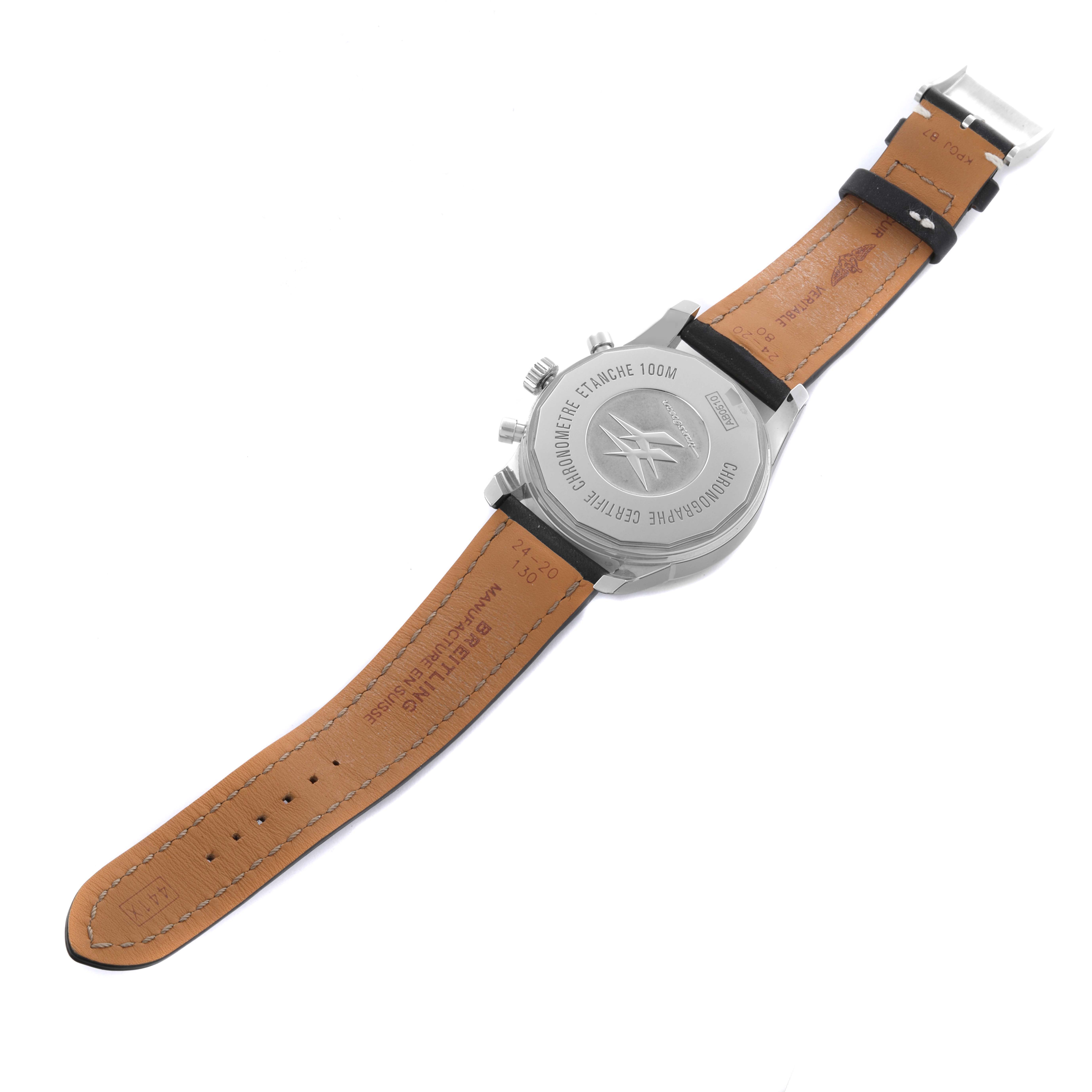 The Breitling Transocean AB0510 Men's Stainless Steel Black Dial AB0510 Men's Stainless Steel Black Dial watch is shown from the back, displaying its case and leather strap.