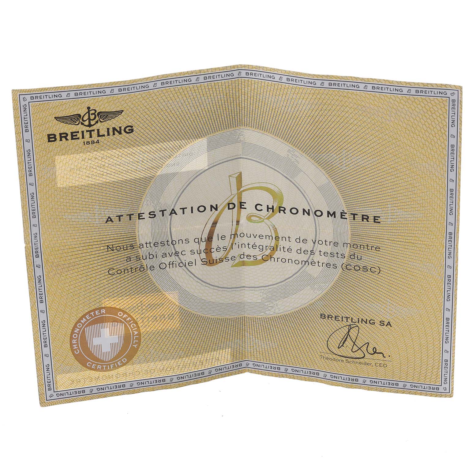 The image shows a Breitling Transocean AB0510 Men's Stainless Steel Black Dial AB0510 Men's Stainless Steel Black Dial chronometer certificate, not the watch itself.