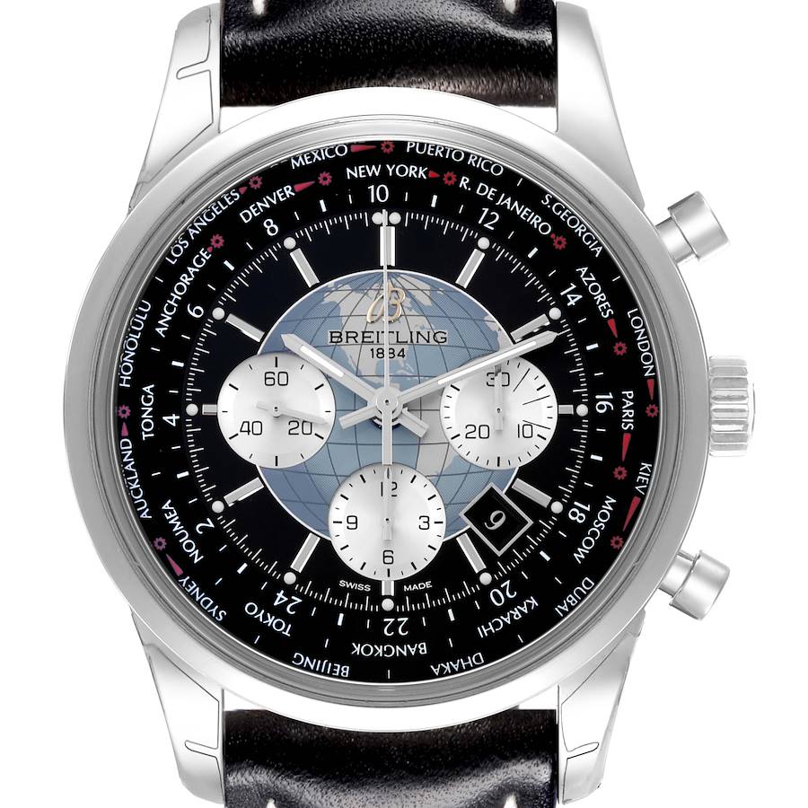 The Breitling Transocean watch is shown from the front, displaying its dial, sub-dials, bezel, and pushers.