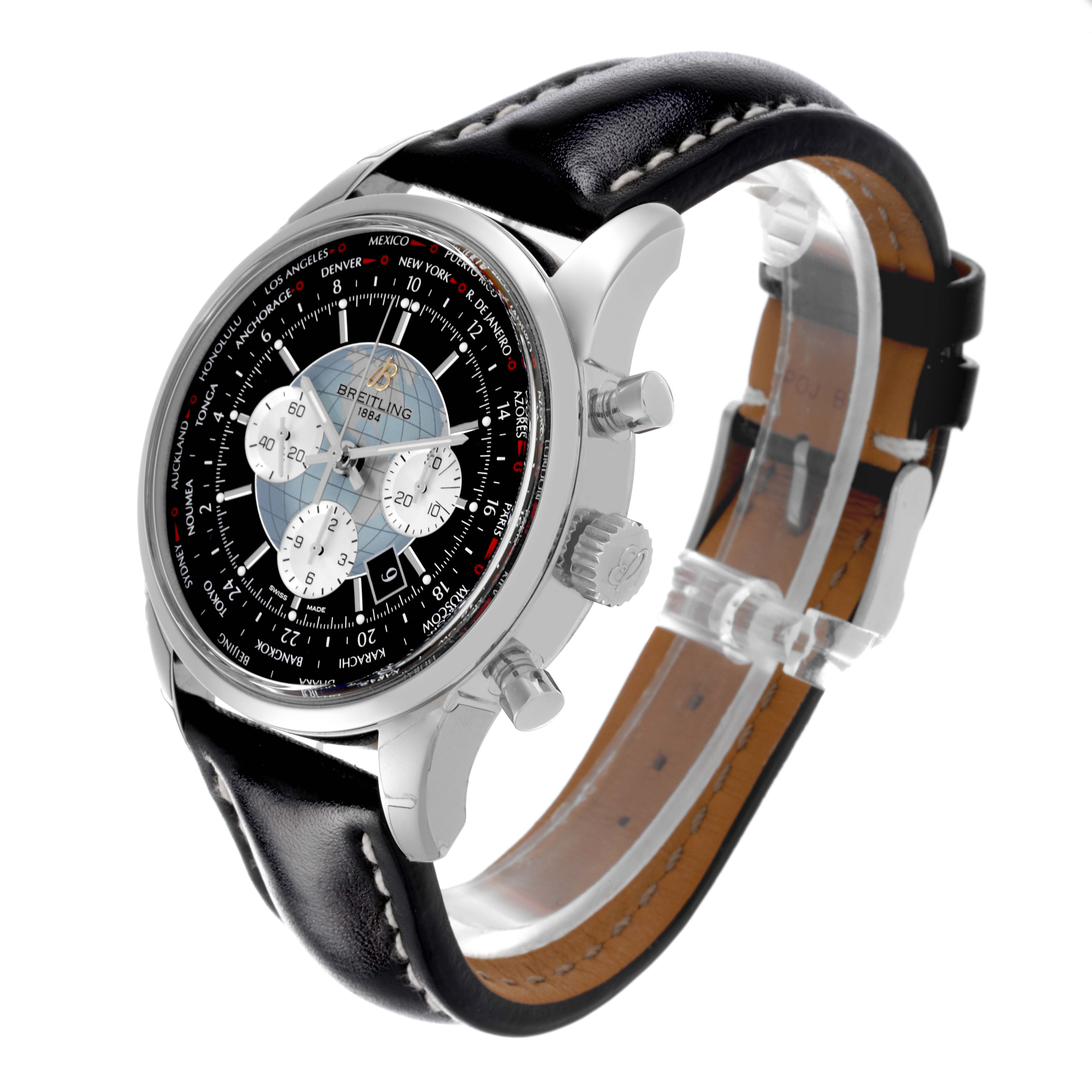 The Breitling Transocean AB0510 Men's Stainless Steel Black Dial AB0510 Men's Stainless Steel Black Dial watch is shown at a slight angle, displaying the face, case, crown, pushers, and leather strap.