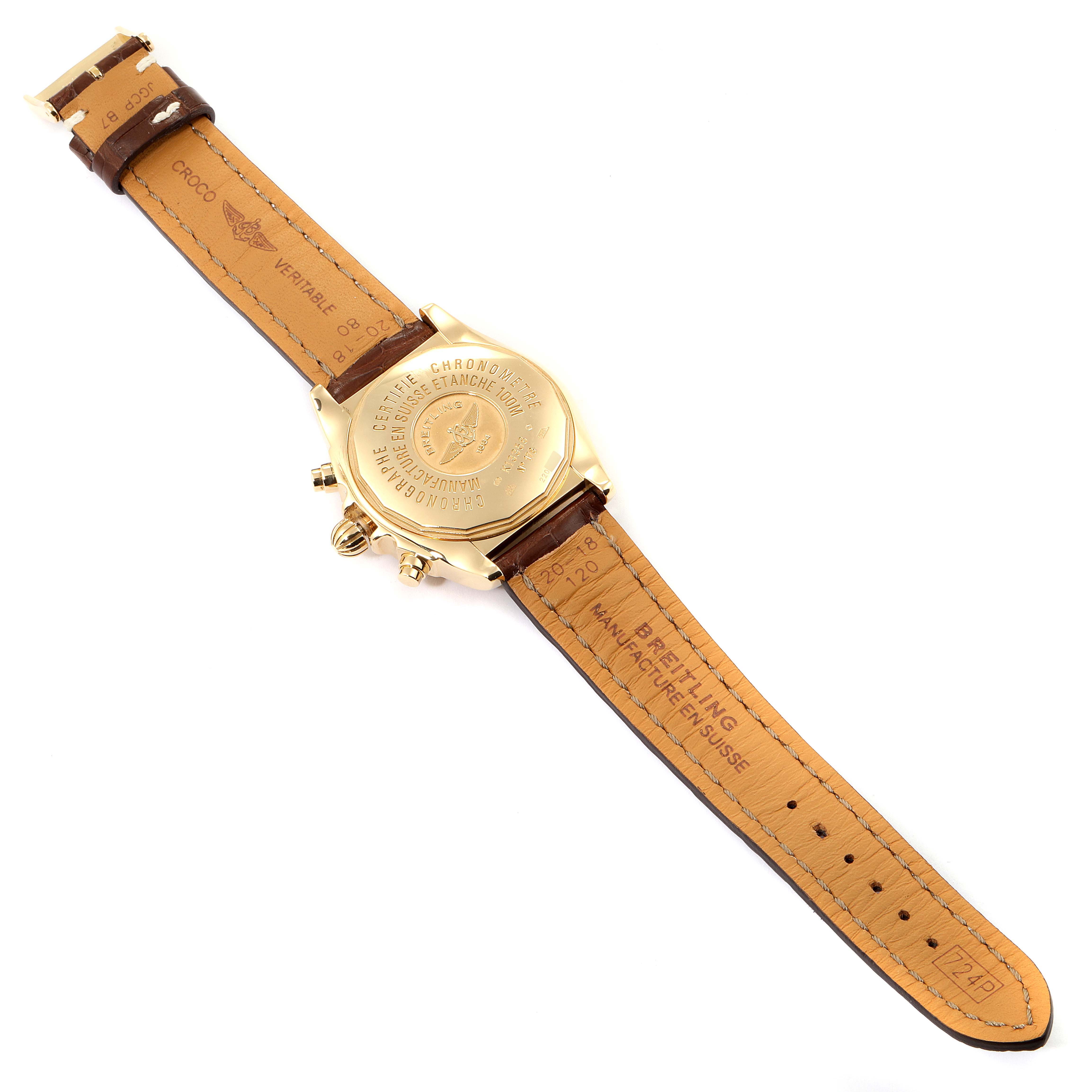 The image shows the back case and leather strap of a Breitling Windrider K13358 Men's Yellow Gold Mother of Pearl Dial K13358 Men's Yellow Gold Mother of Pearl Dial watch, viewed from the inner side.