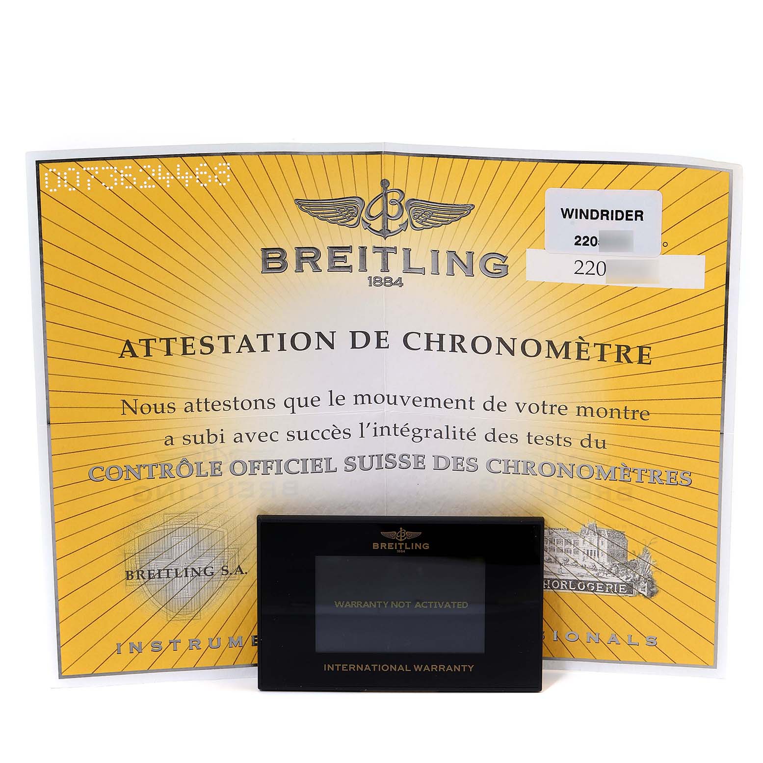 The image shows a warranty card and attestation certificate for the Breitling Windrider K13358 Men's Yellow Gold Mother of Pearl Dial K13358 Men's Yellow Gold Mother of Pearl Dial model, with the Breitling logo visible.