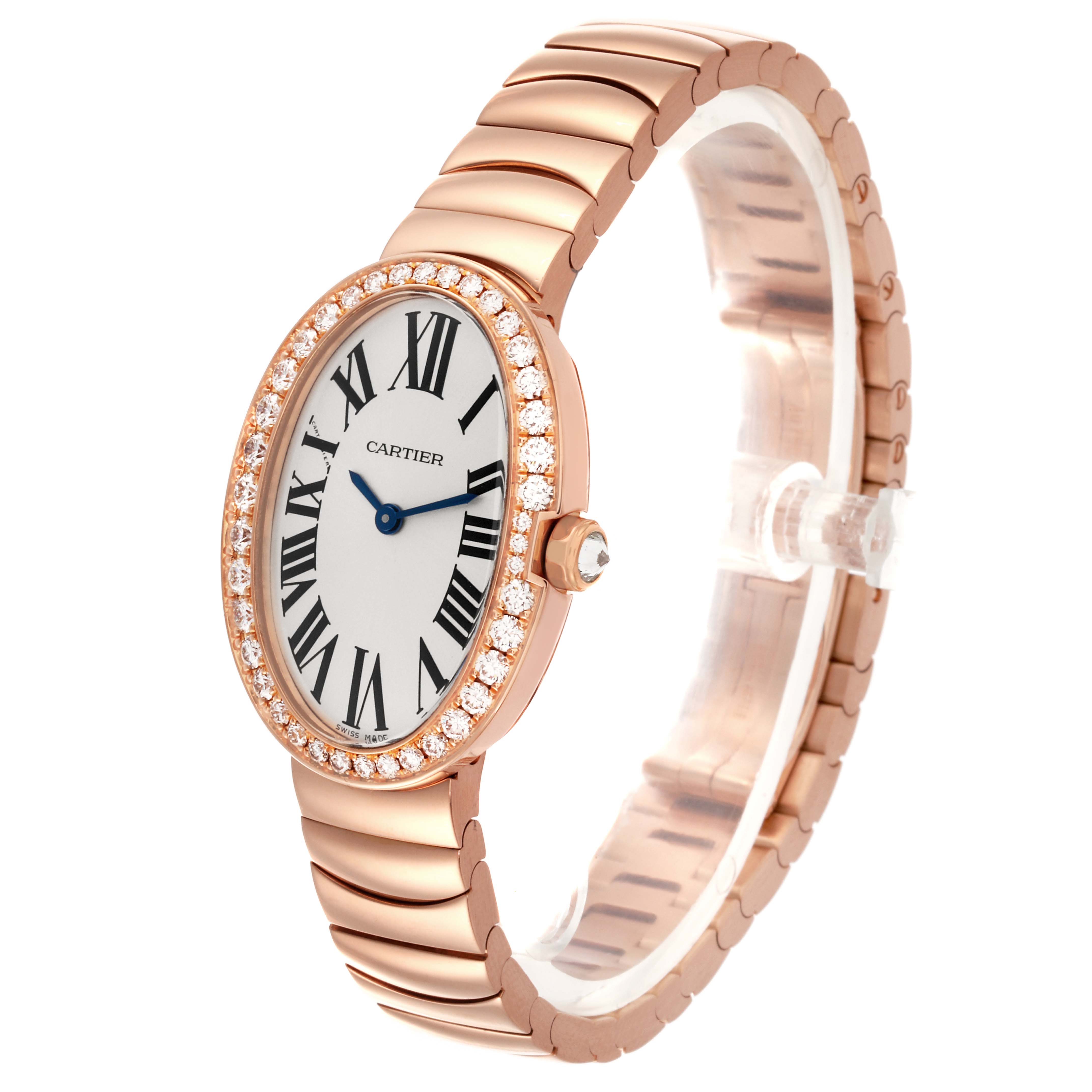 The Cartier Baignoire WB520002 Women
s Rose Gold Silver Dial WB520002 Women
s Rose Gold Silver Dial watch is shown at a three-quarter angle, highlighting the dial, bezel, and bracelet.