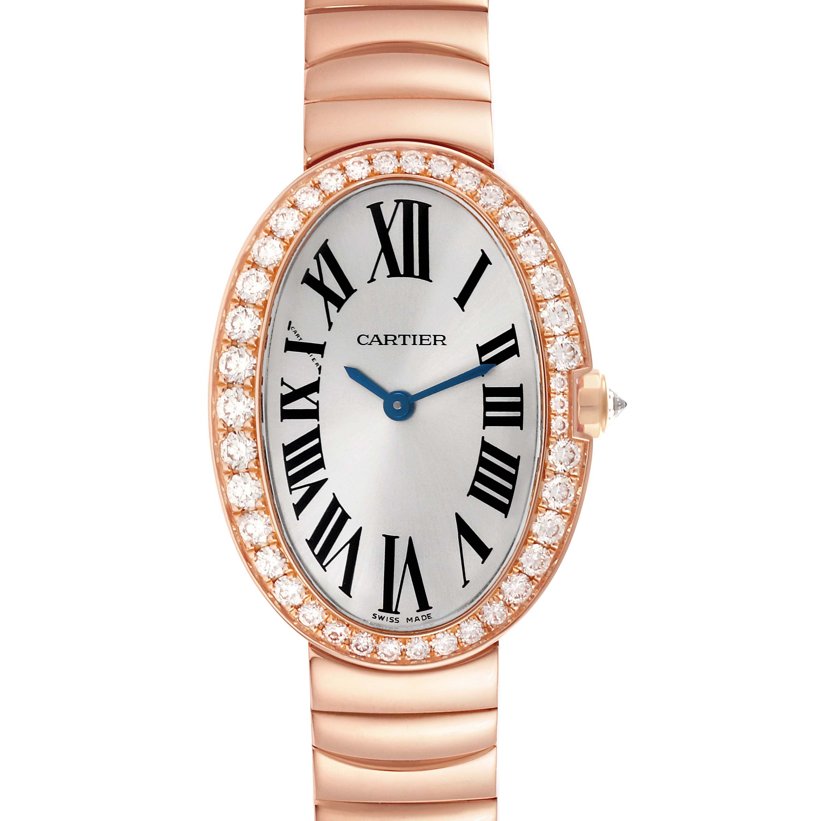 The Cartier Baignoire WB520002 Women
s Rose Gold Silver Dial WB520002 Women
s Rose Gold Silver Dial watch is shown from a front angle, displaying the face, bezel with diamonds, and part of the bracelet.
