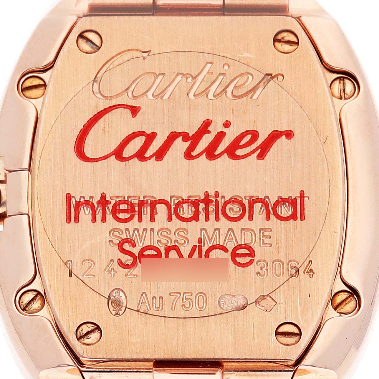 The image shows the back case of a Cartier Baignoire WB520002 Women
s Rose Gold Silver Dial WB520002 Women
s Rose Gold Silver Dial watch with engravings and screws visible.