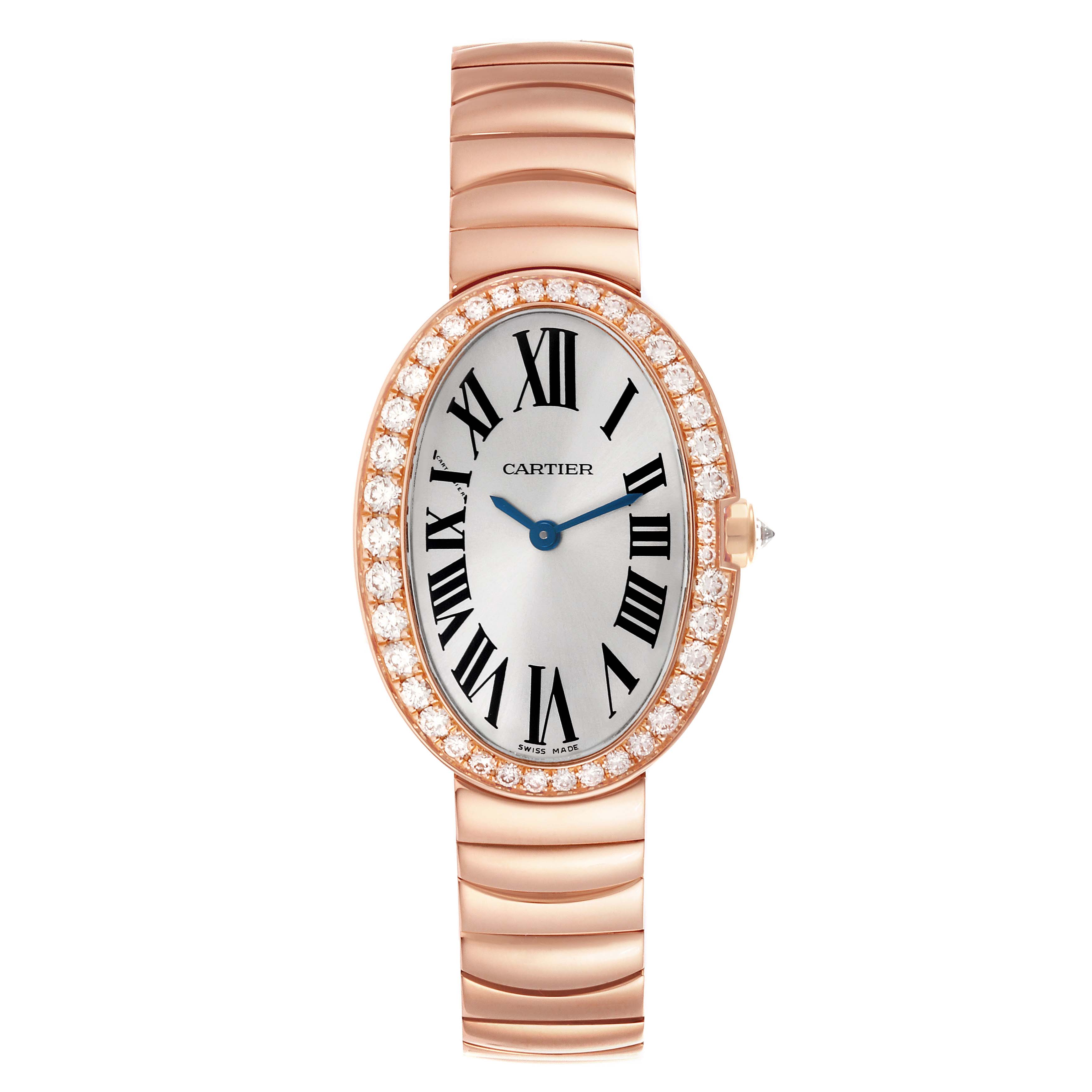 The Cartier Baignoire WB520002 Women
s Rose Gold Silver Dial WB520002 Women
s Rose Gold Silver Dial watch is shown from the front, displaying its face, bezel with diamonds, and part of the bracelet.