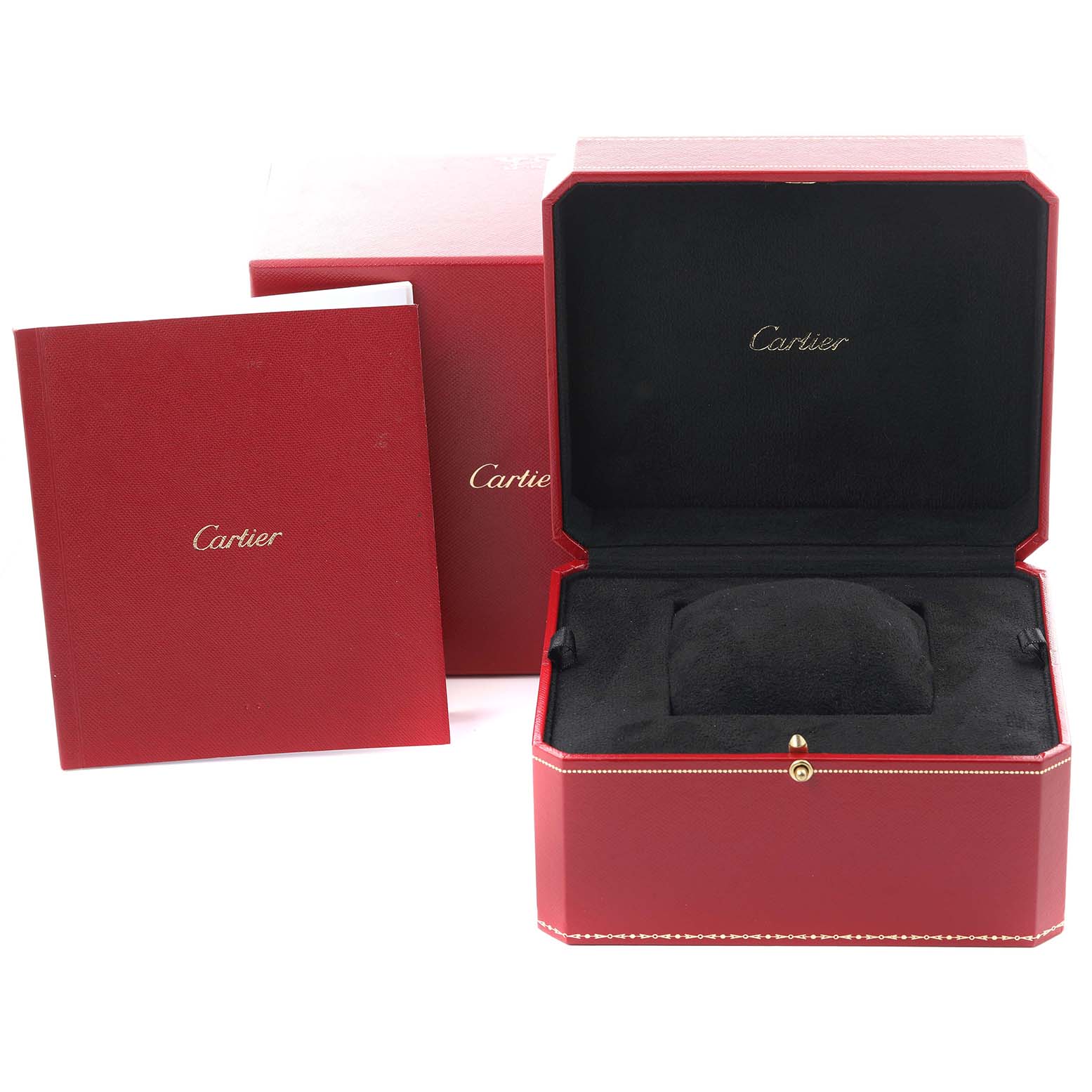 The image shows an empty Cartier Baignoire WB520002 Women
s Rose Gold Silver Dial WB520002 Women
s Rose Gold Silver Dial watch presentation box with an open booklet and outer packaging.