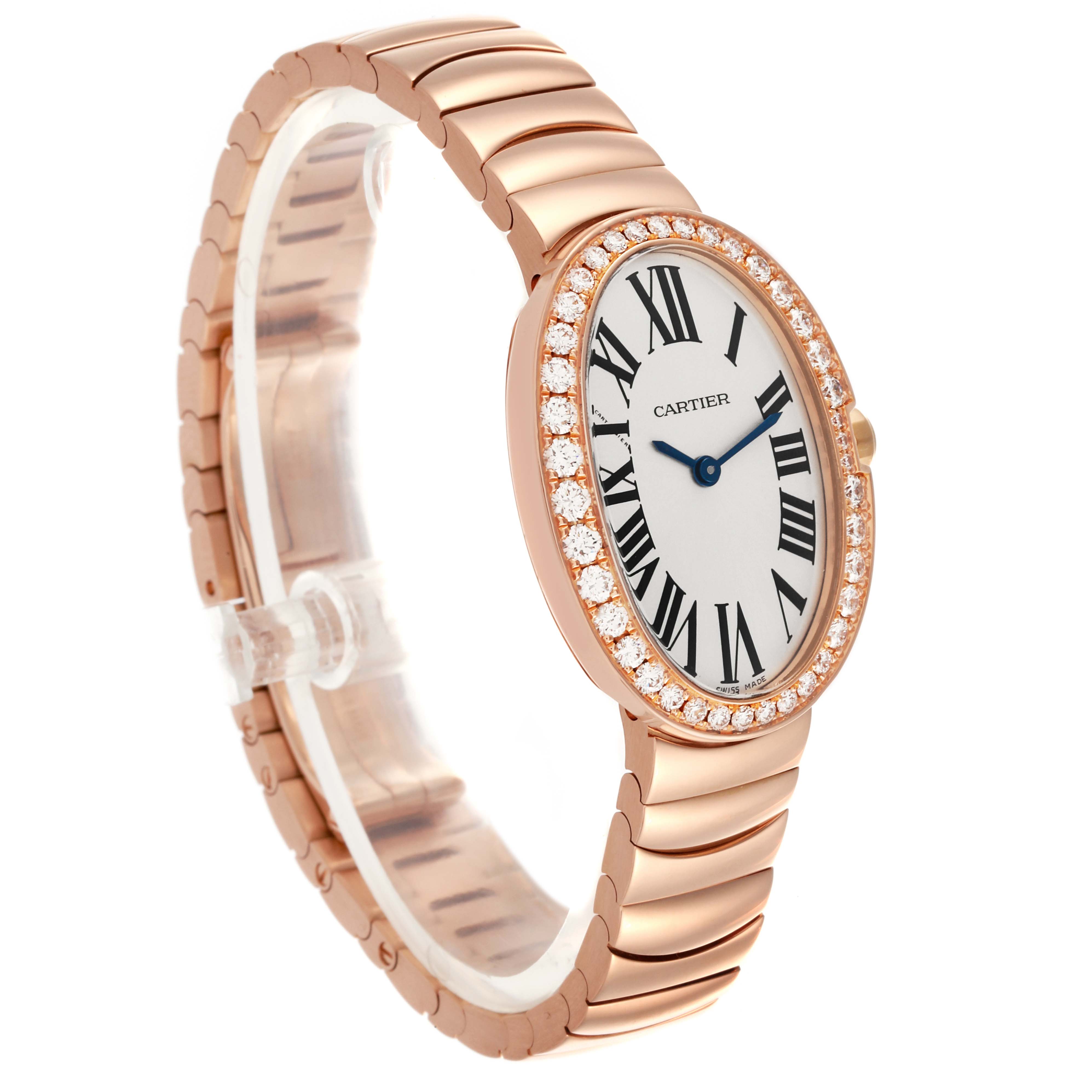 The Cartier Baignoire WB520002 Women
s Rose Gold Silver Dial WB520002 Women
s Rose Gold Silver Dial watch is shown from a diagonal side angle, displaying its oval face and diamond-encrusted bezel.
